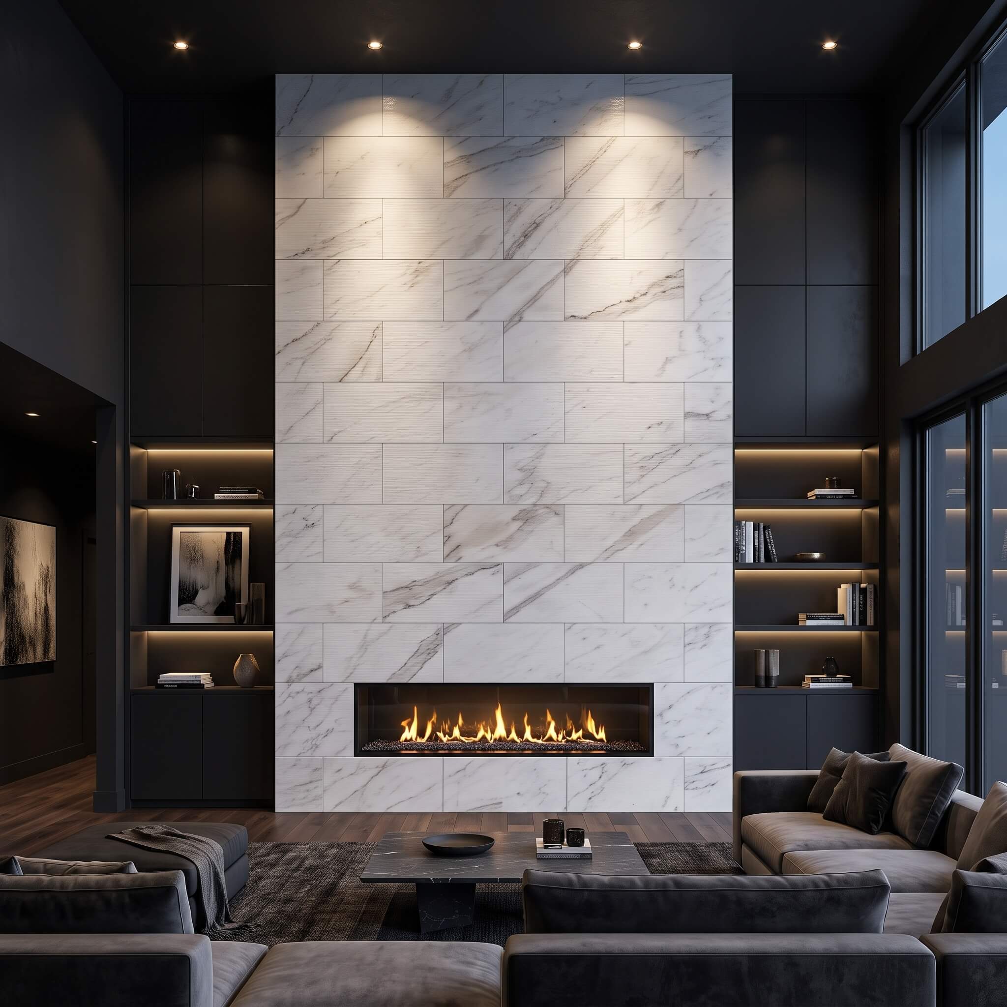 A modern architectural white stone fireplace wall designed with 12x24 Snow Mountain White FS textured grooved marble tiles.