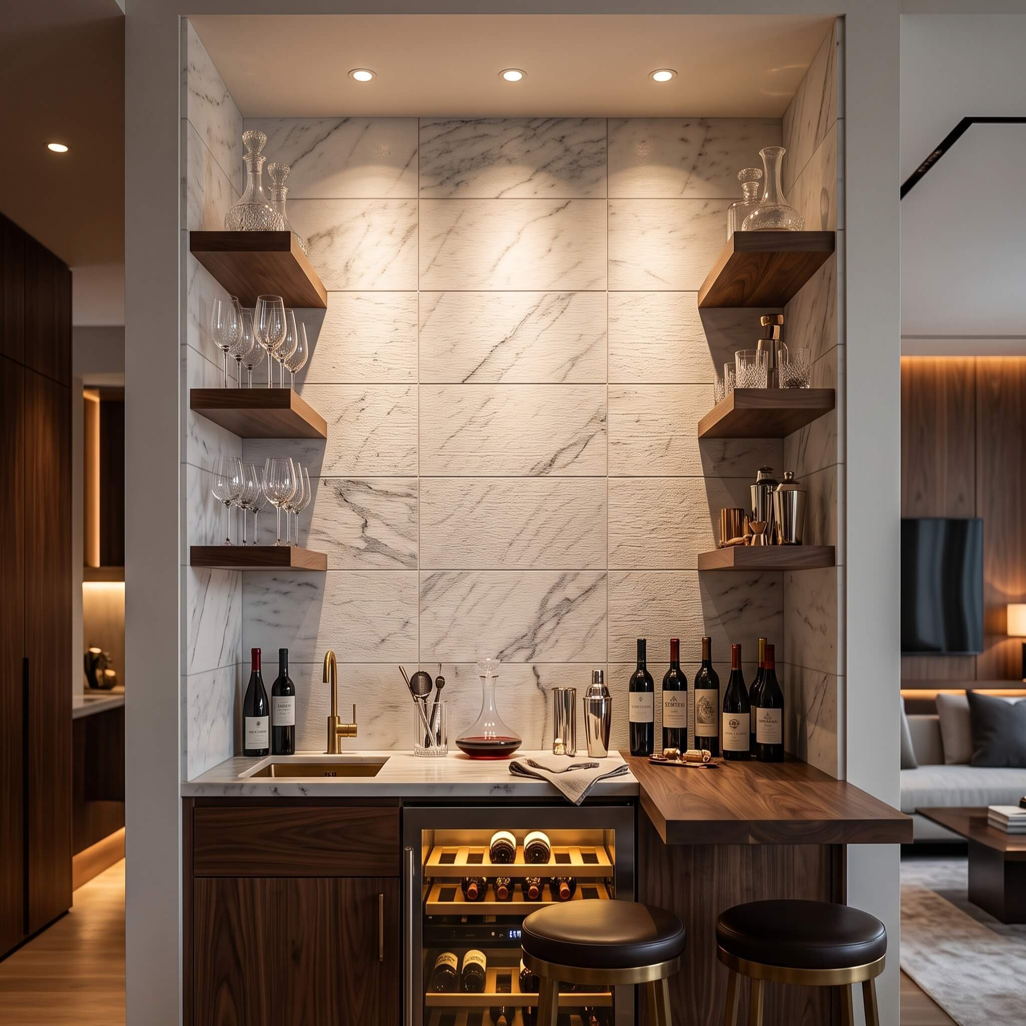 Elegant home bar featuring backlit Snow Mountain White FS textured marble wall tiles with vertical linear grooved design.
