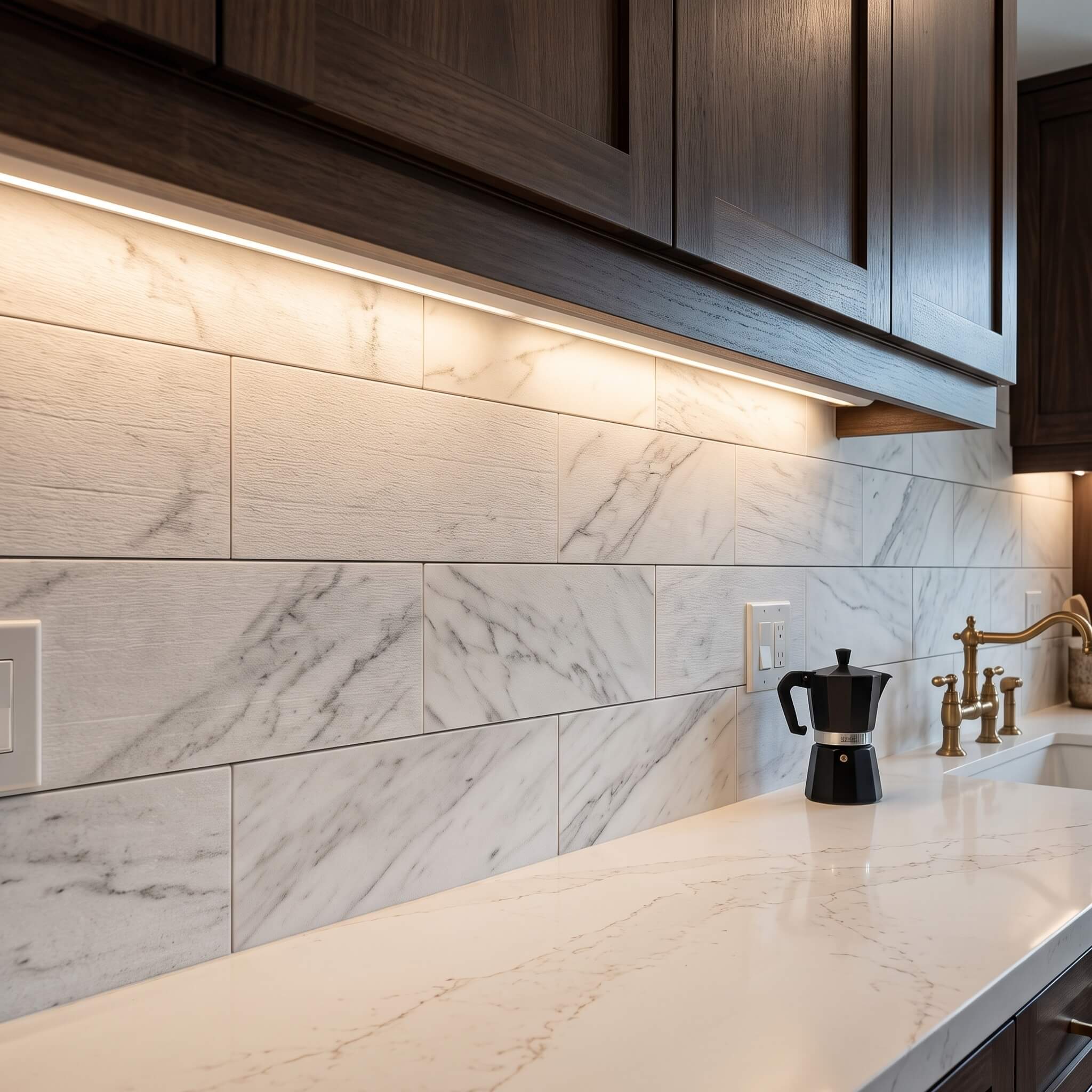 Under-cabinet lighting highlighting the linear grooved details of a Snow Mountain White FS textured marble backsplash.