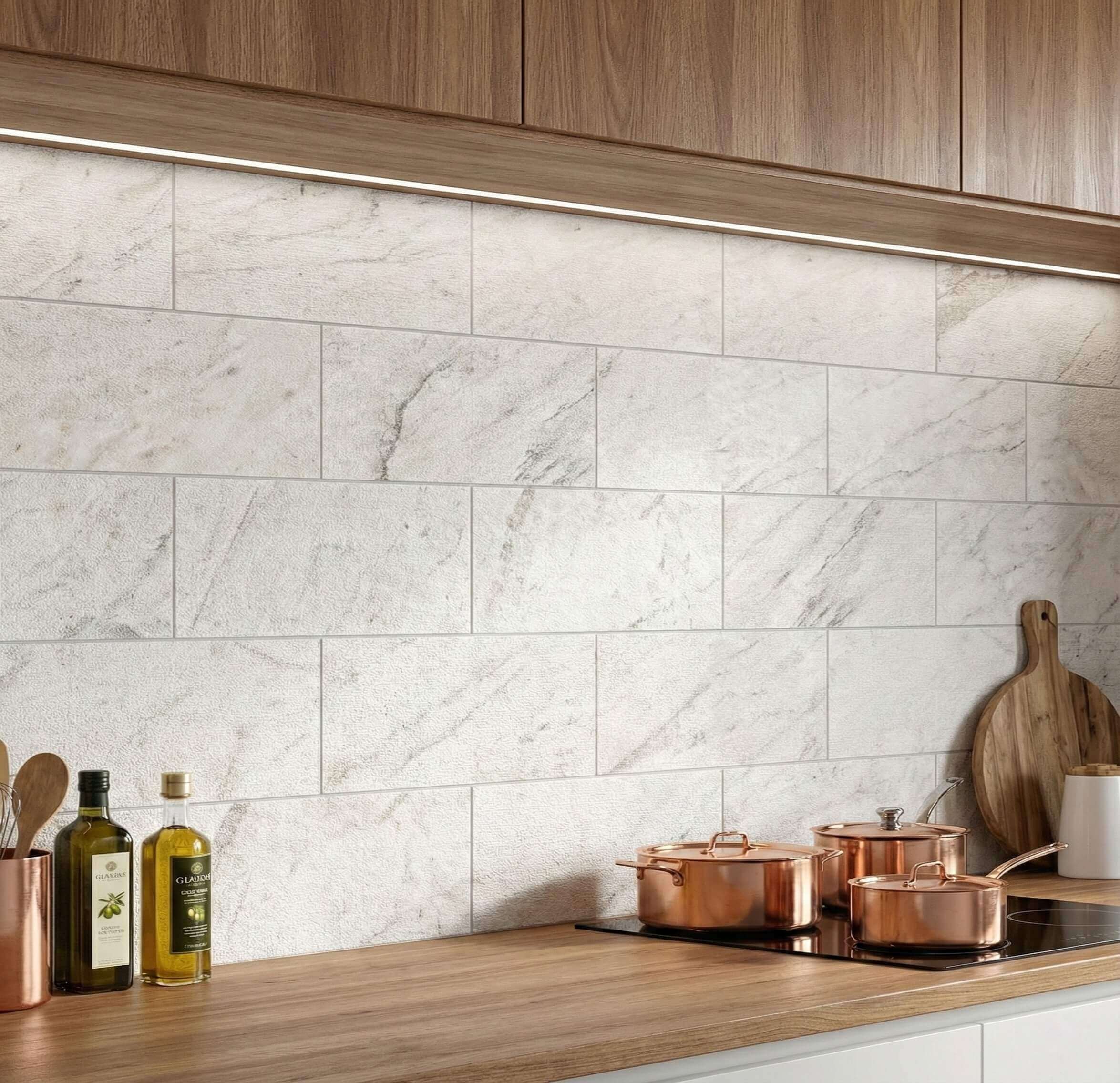 Close-up of a kitchen backsplash showing Snow Mountain White FS textured marble tiles installed in an offset brick layout.