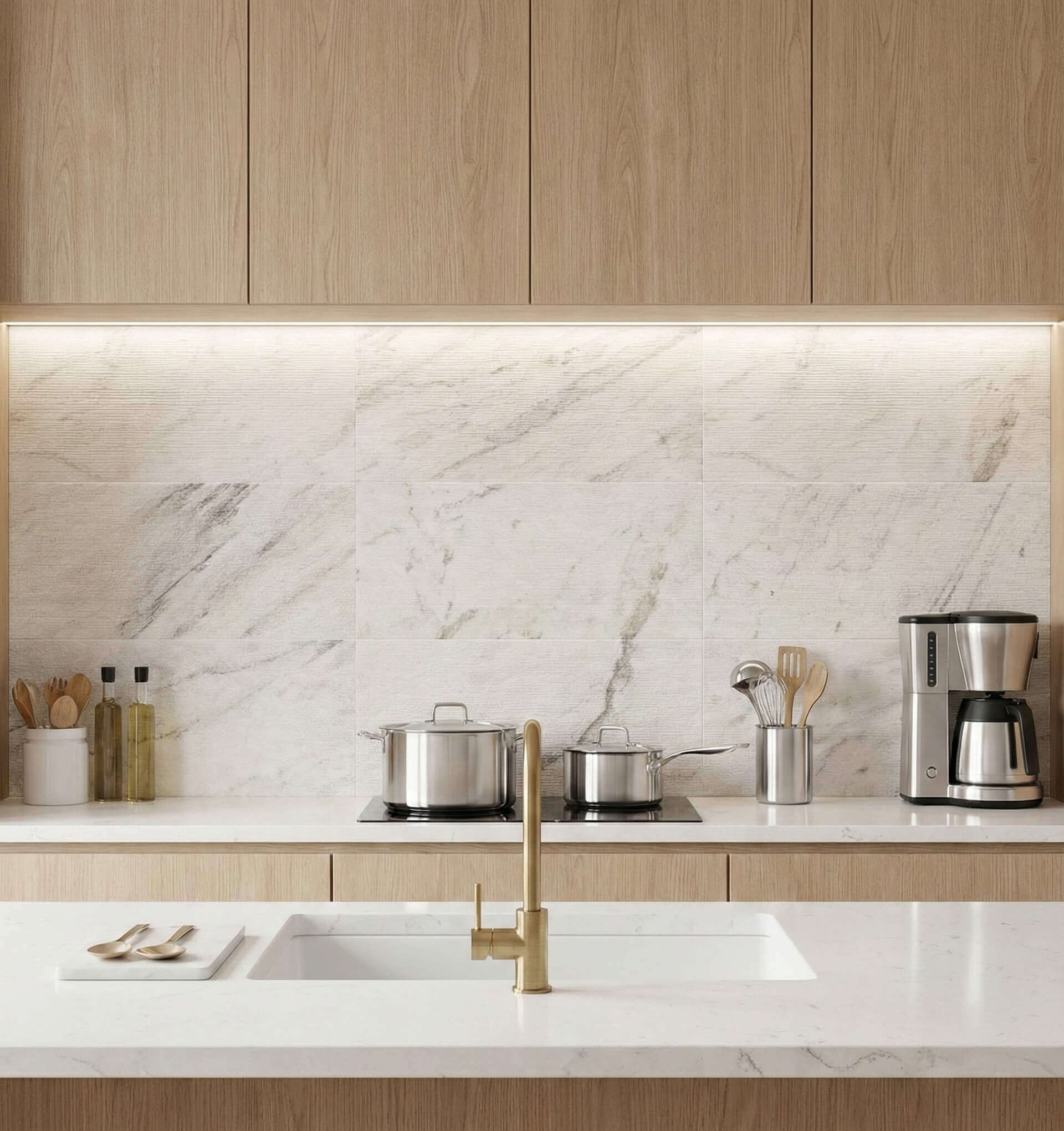 Light wood kitchen design featuring a continuous backsplash of Snow Mountain White FS textured linear grooved marble.