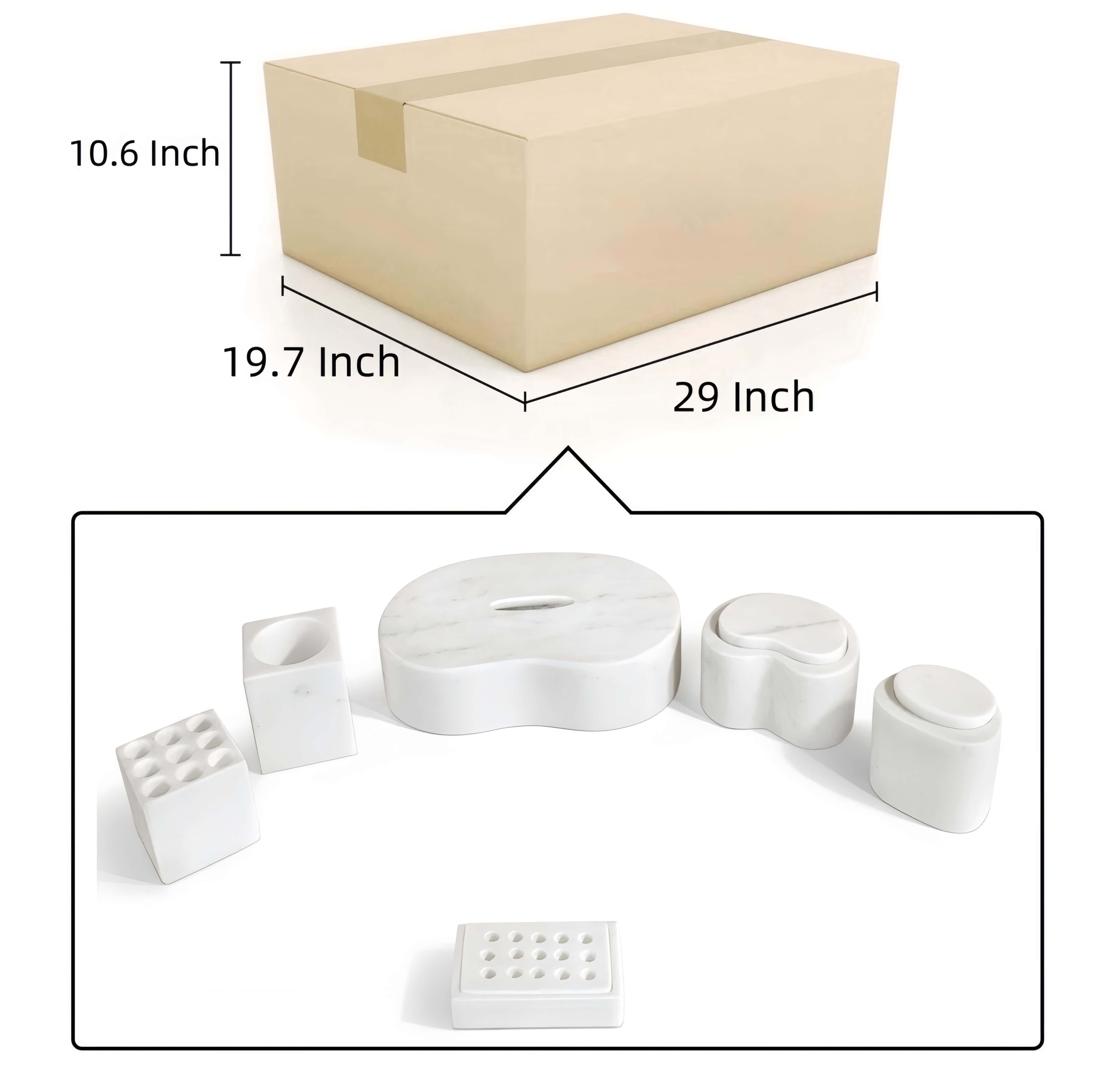 Shipping box dimensions diagram (29 by 19.7 by 10.6 in) for 6-piece Snow Mountain White marble Square Style vanity set.