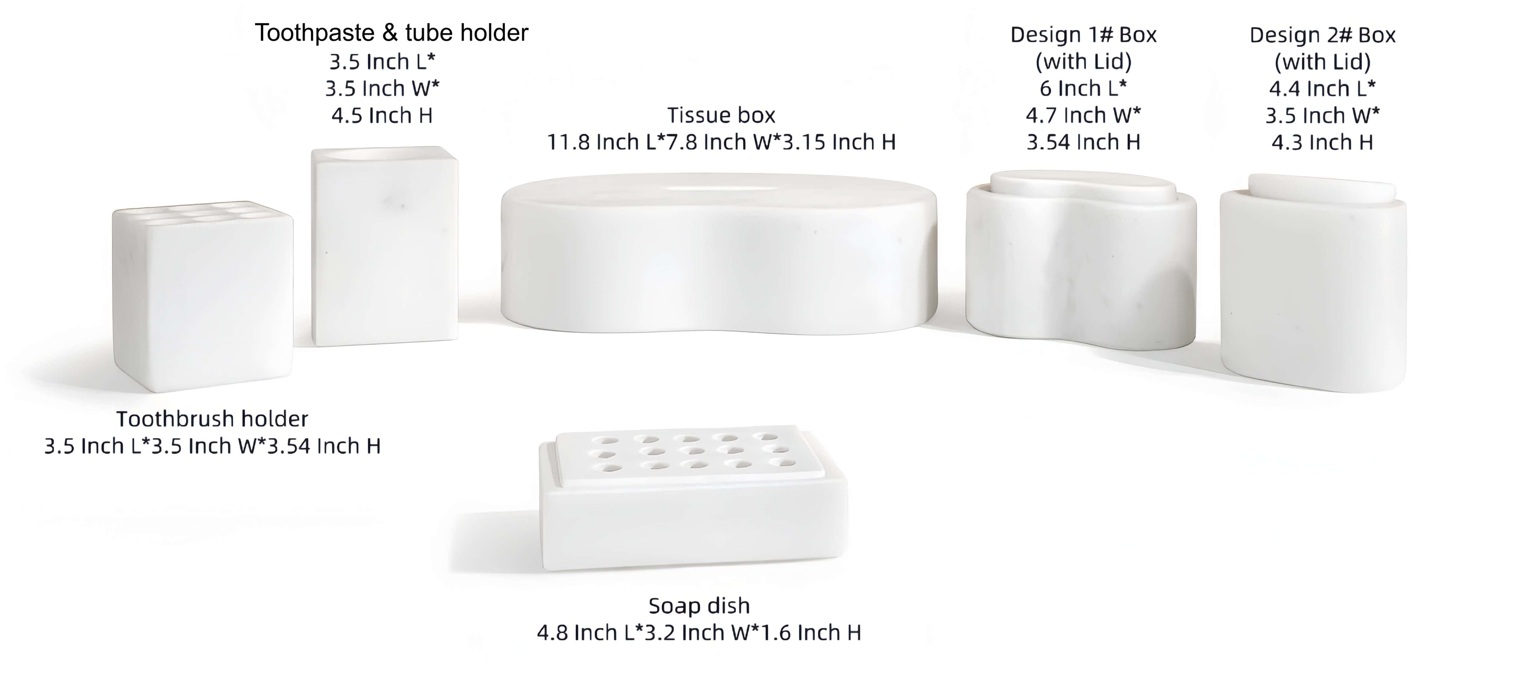 Dimensions chart for 6-piece Snow Mountain White natural marble bathroom set in Square Style with exact inch measurements.