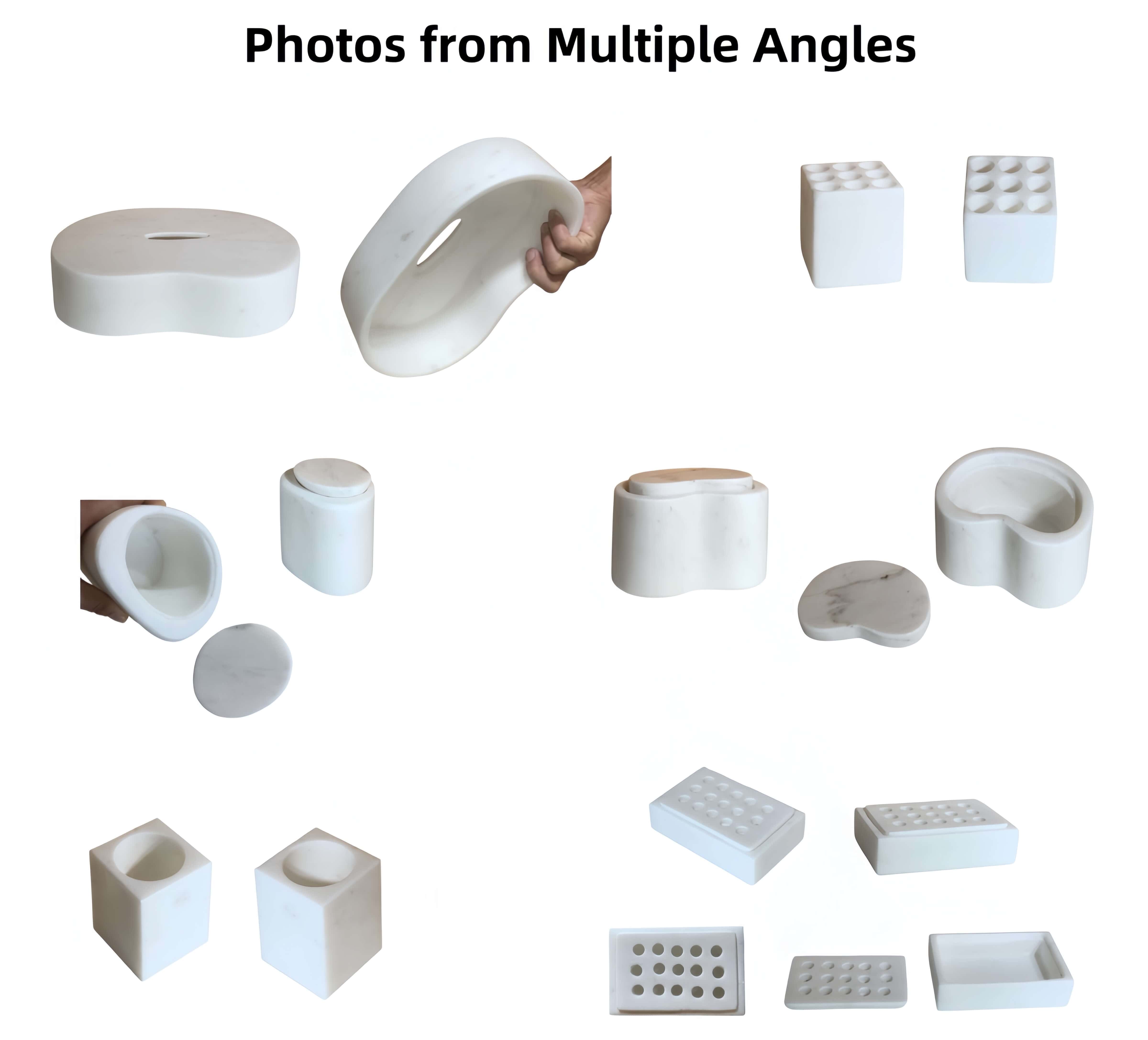 Multi-angle detail of Snow Mountain White marble bathroom set in Square Style showing open jars and 2-piece soap dish.