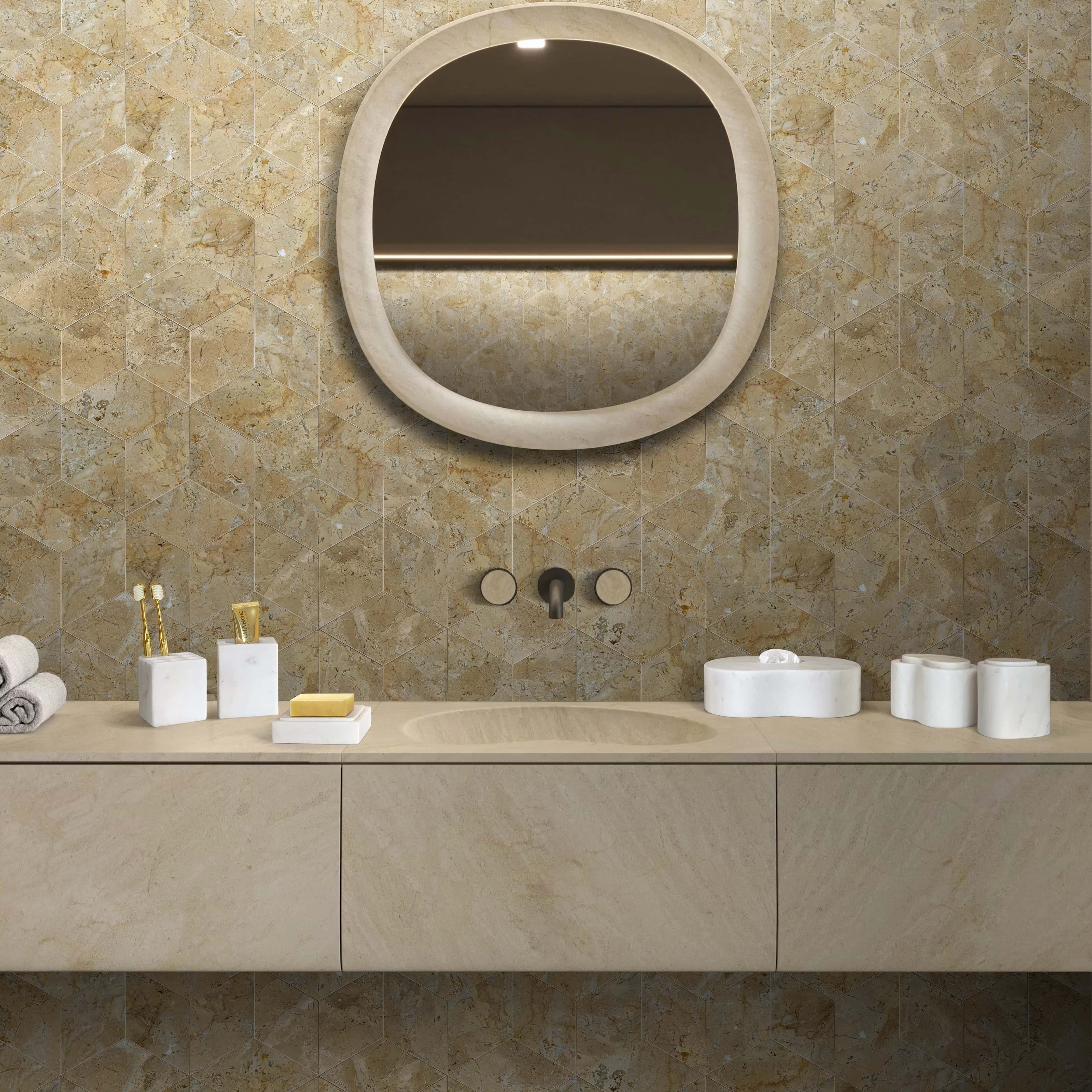 Snow Mountain White marble Square Style bathroom set on a floating vanity with Amber Gold polished hexagon wall tiles.