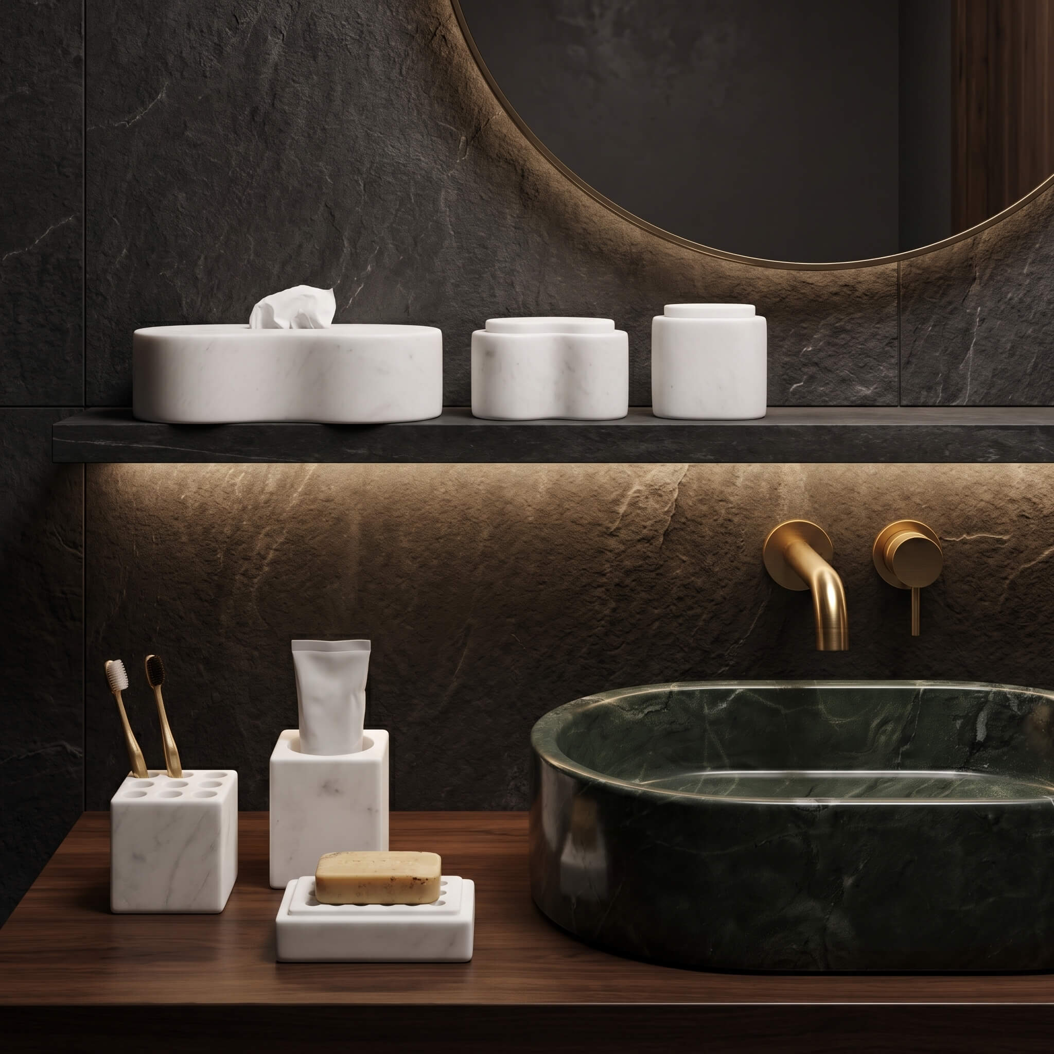 Snow Mountain White marble Square Style set on a walnut vanity top paired with a Diamond Green polished oval vessel sink.