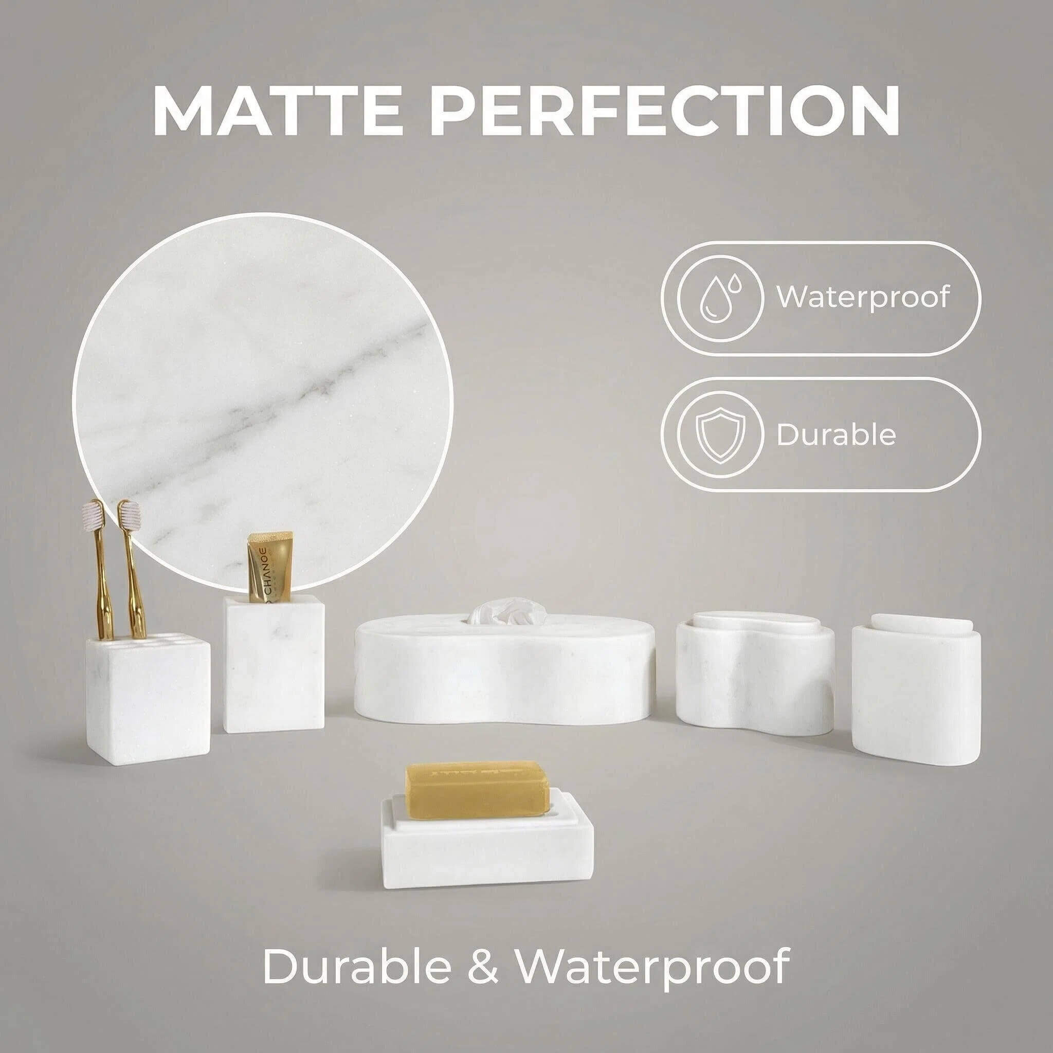 Infographic of honed Snow Mountain White marble Square Style bathroom set highlighting waterproof stone and matte finish.