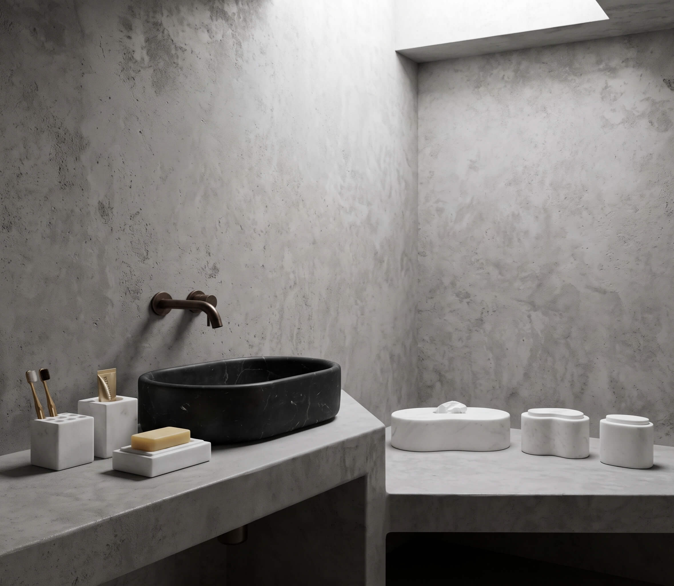 Snow Mountain White marble Square Style bathroom set on a concrete vanity paired with an Olive Black honed oval vessel sink.