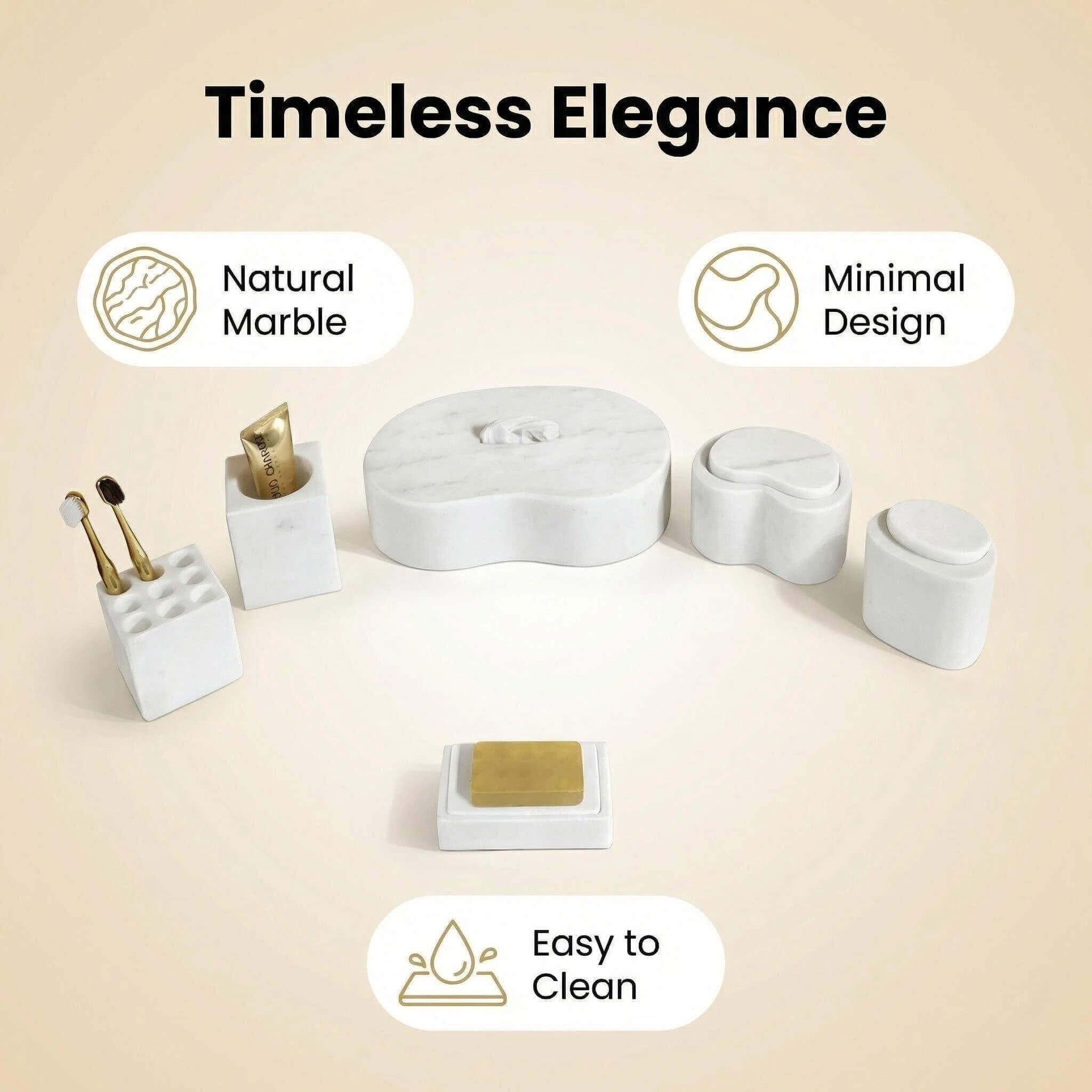 Feature guide for Snow Mountain White marble Square Style set showing natural stone, minimal design, and easy maintenance.