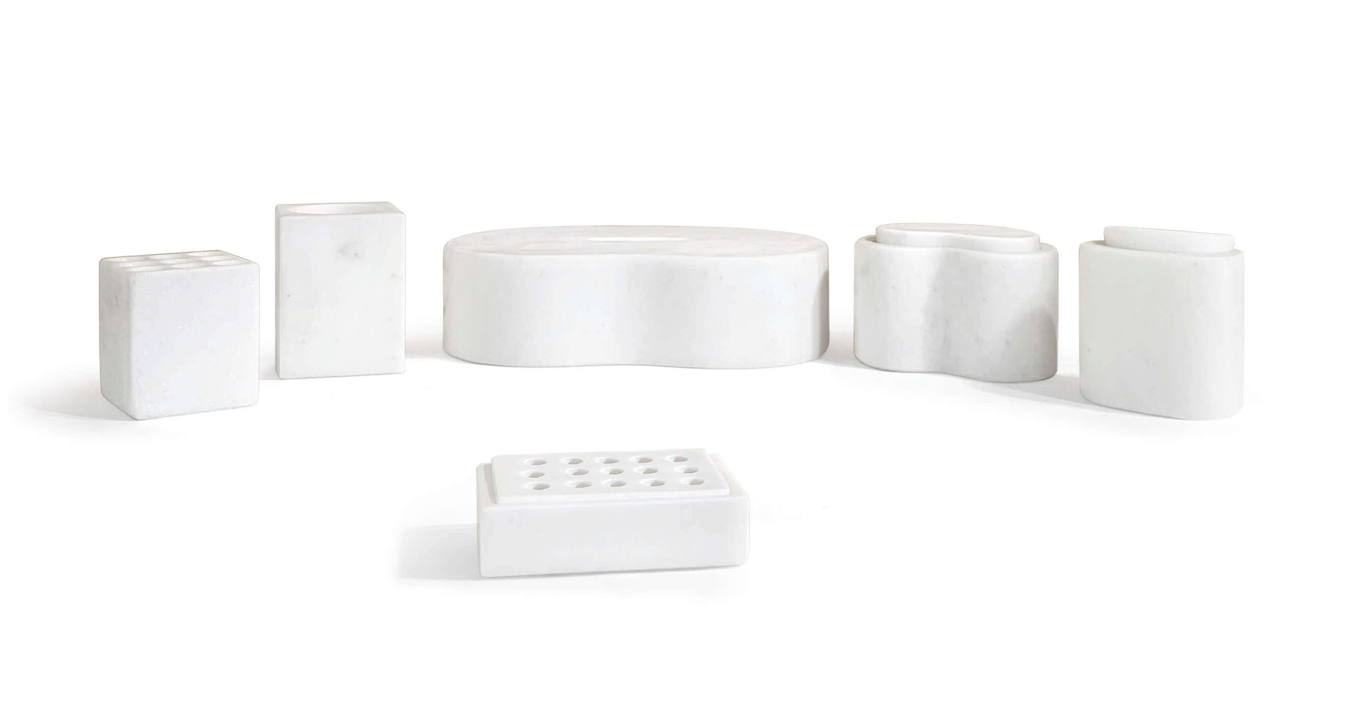 Front view of 6-piece Snow Mountain White natural marble bathroom accessories set in Square Style with draining soap dish.