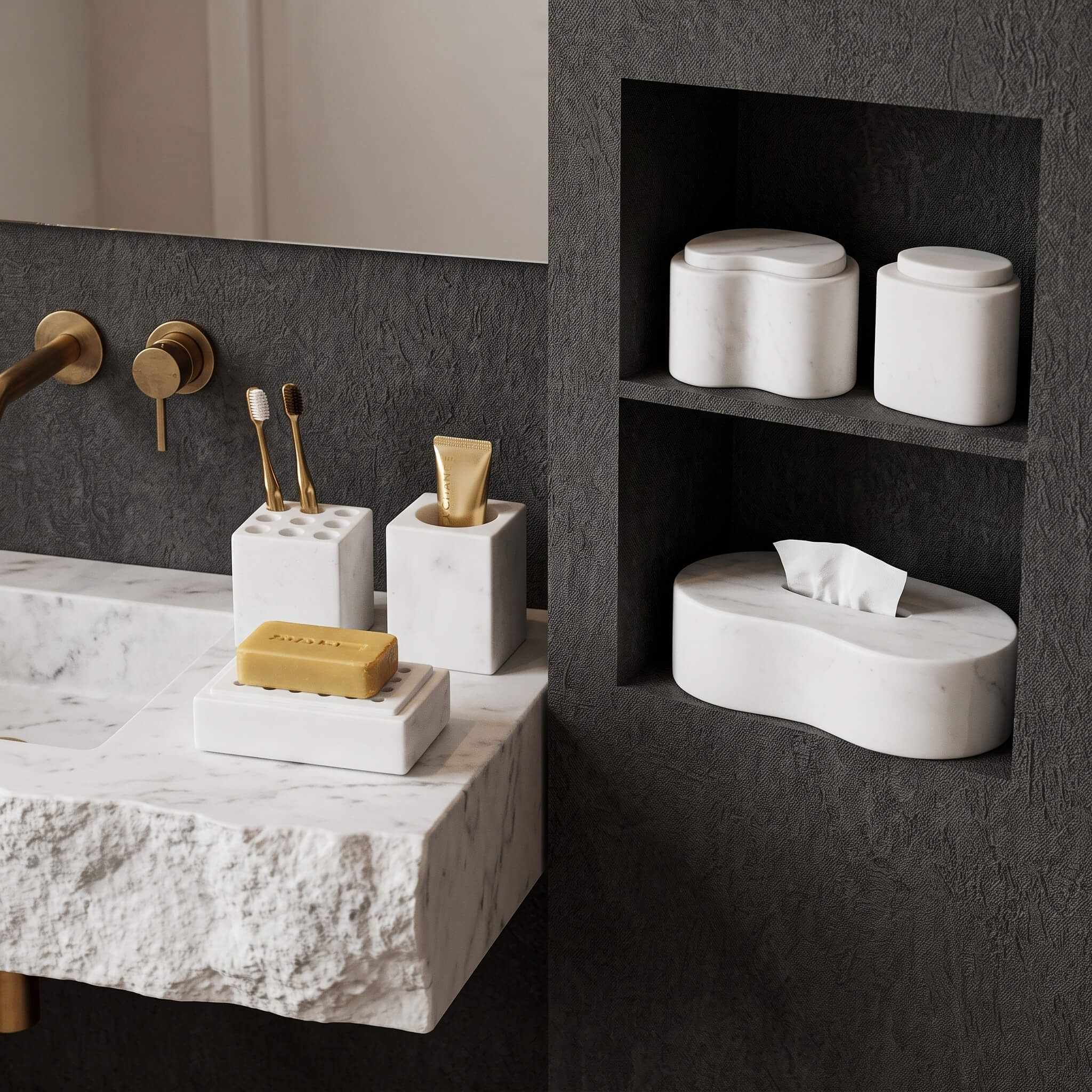 Snow Mountain White marble Square Style set styled on a chiseled marble vanity top and dark wall niche with brass tap.