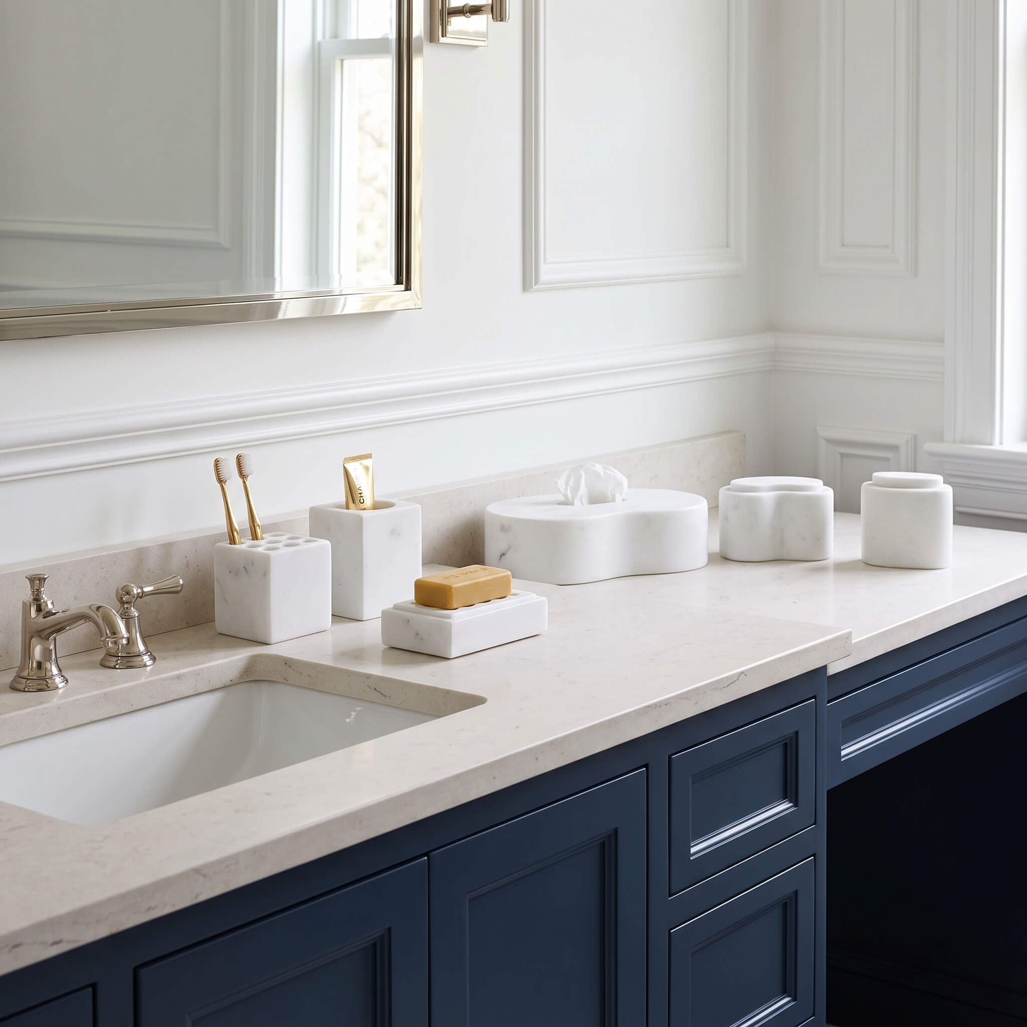 Snow Mountain White marble Square Style set arranged on a polished cream quartz vanity with deep navy cabinetry and sink.