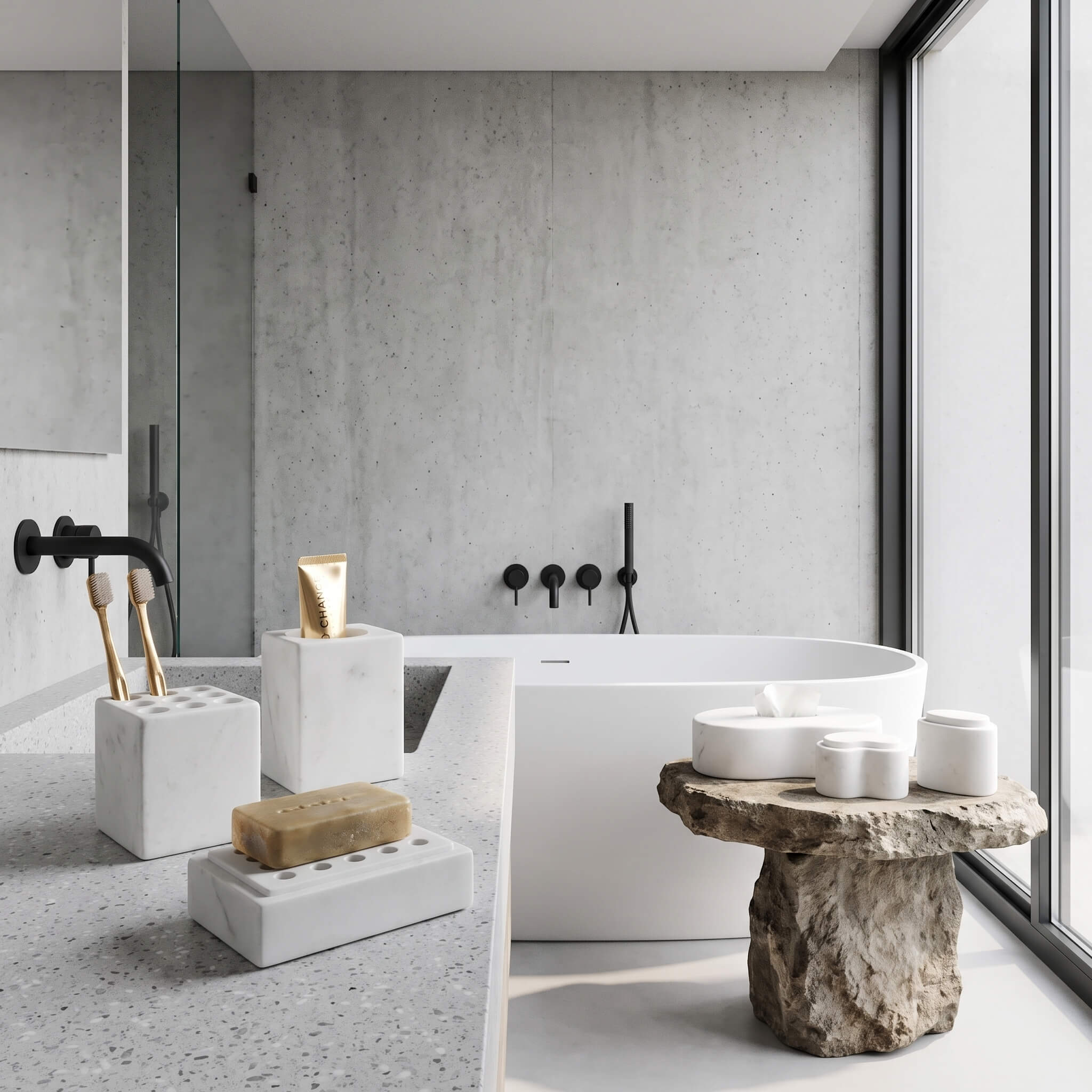 Square Style Snow Mountain White marble bathroom set styled on a terrazzo counter and stone pedestal in an industrial bath.