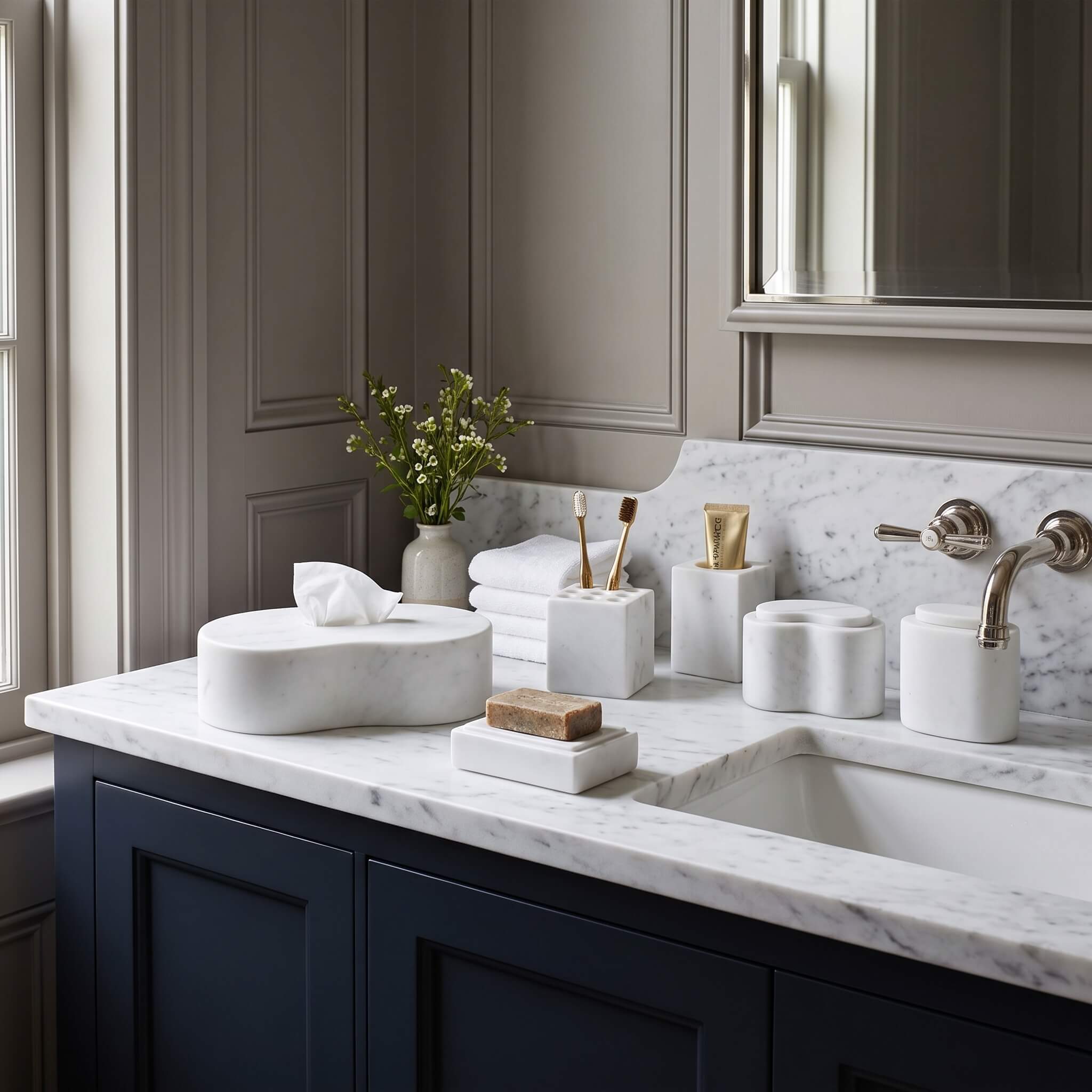 Snow Mountain White marble bathroom set in Square Style on a white marble vanity top with navy cabinets and nickel taps.