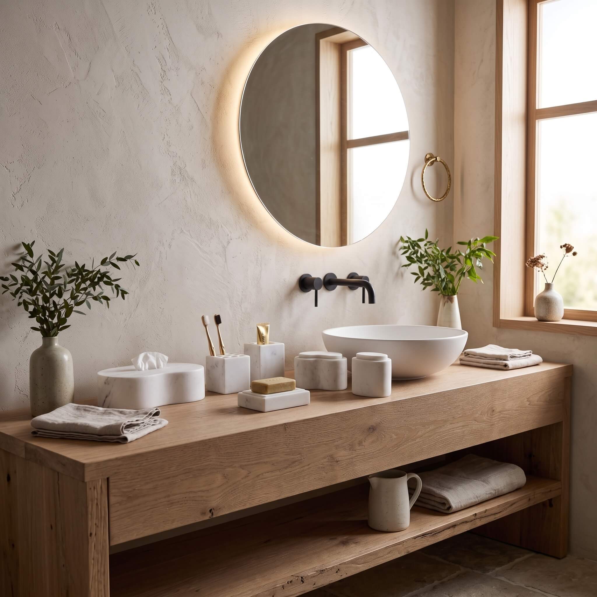 Snow Mountain White marble Square Style set on a natural light oak vanity with round backlit mirror and vessel sink.