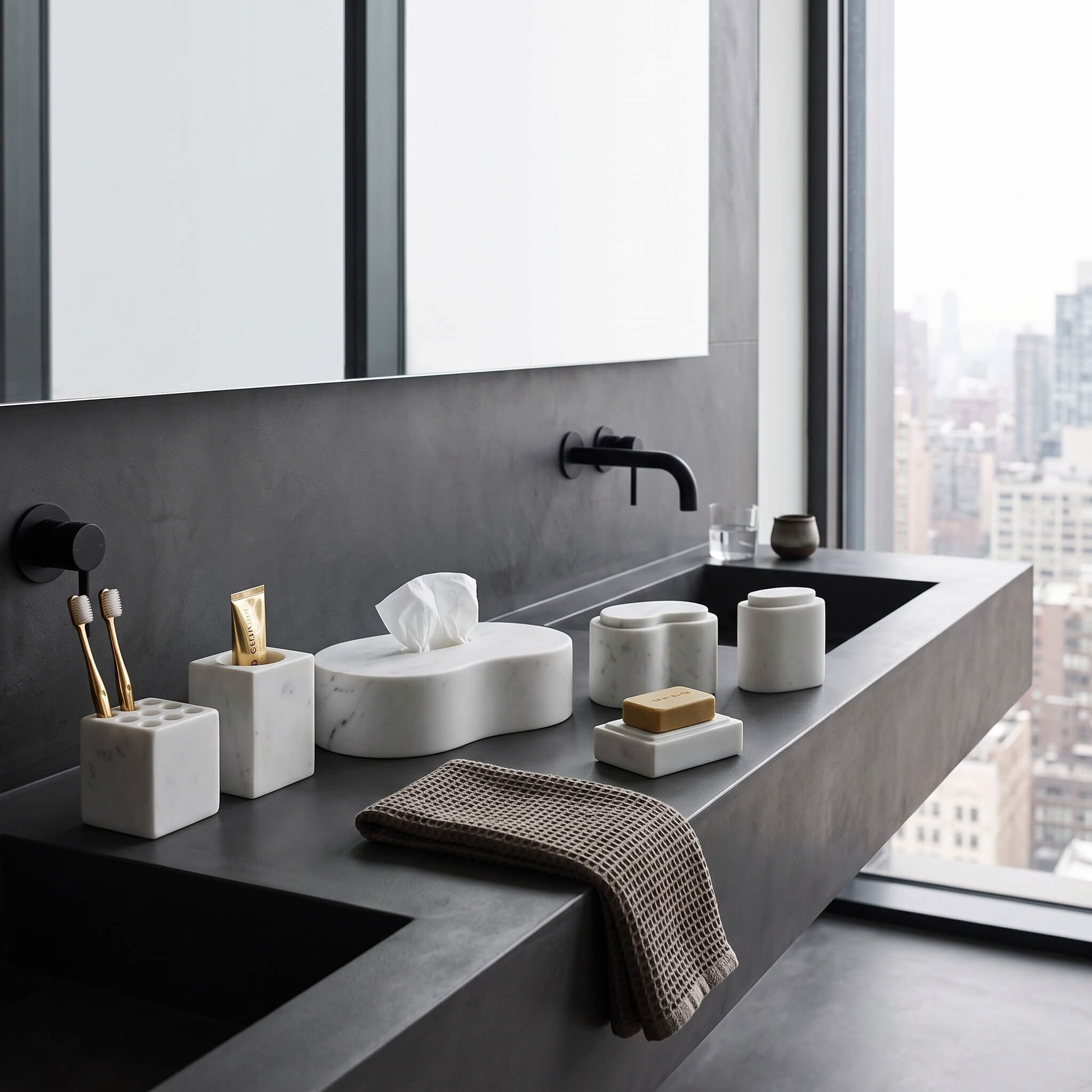 Honed Snow Mountain White marble Square Style bathroom set on a dark charcoal floating vanity overlooking city skyline.