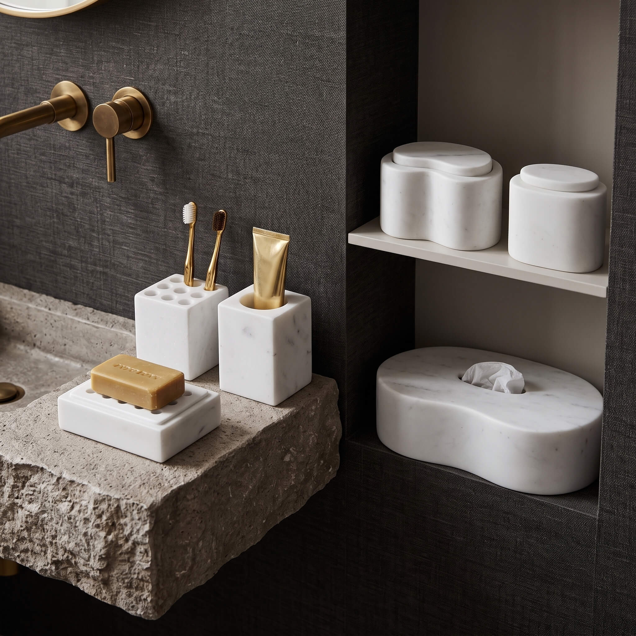 Snow Mountain White marble Square Style set styled on a rough stone sink and in a dark recessed niche with brass faucet.
