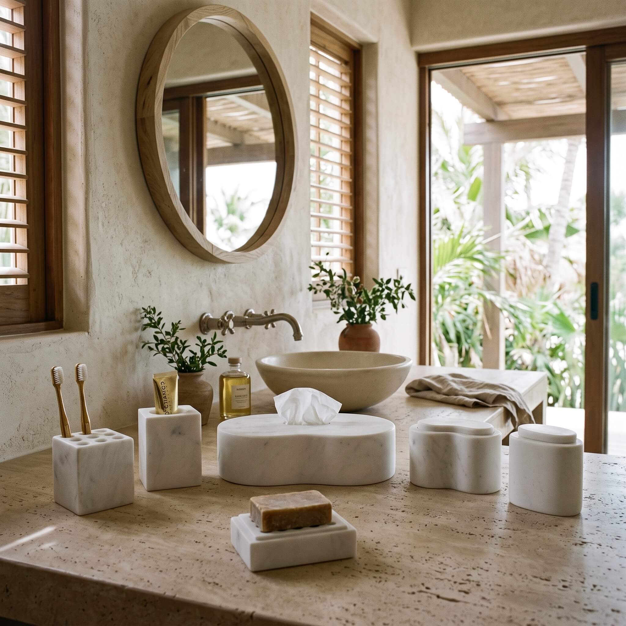 Snow Mountain White marble Square Style set on a travertine vanity with round mirror overlooking a tropical garden.