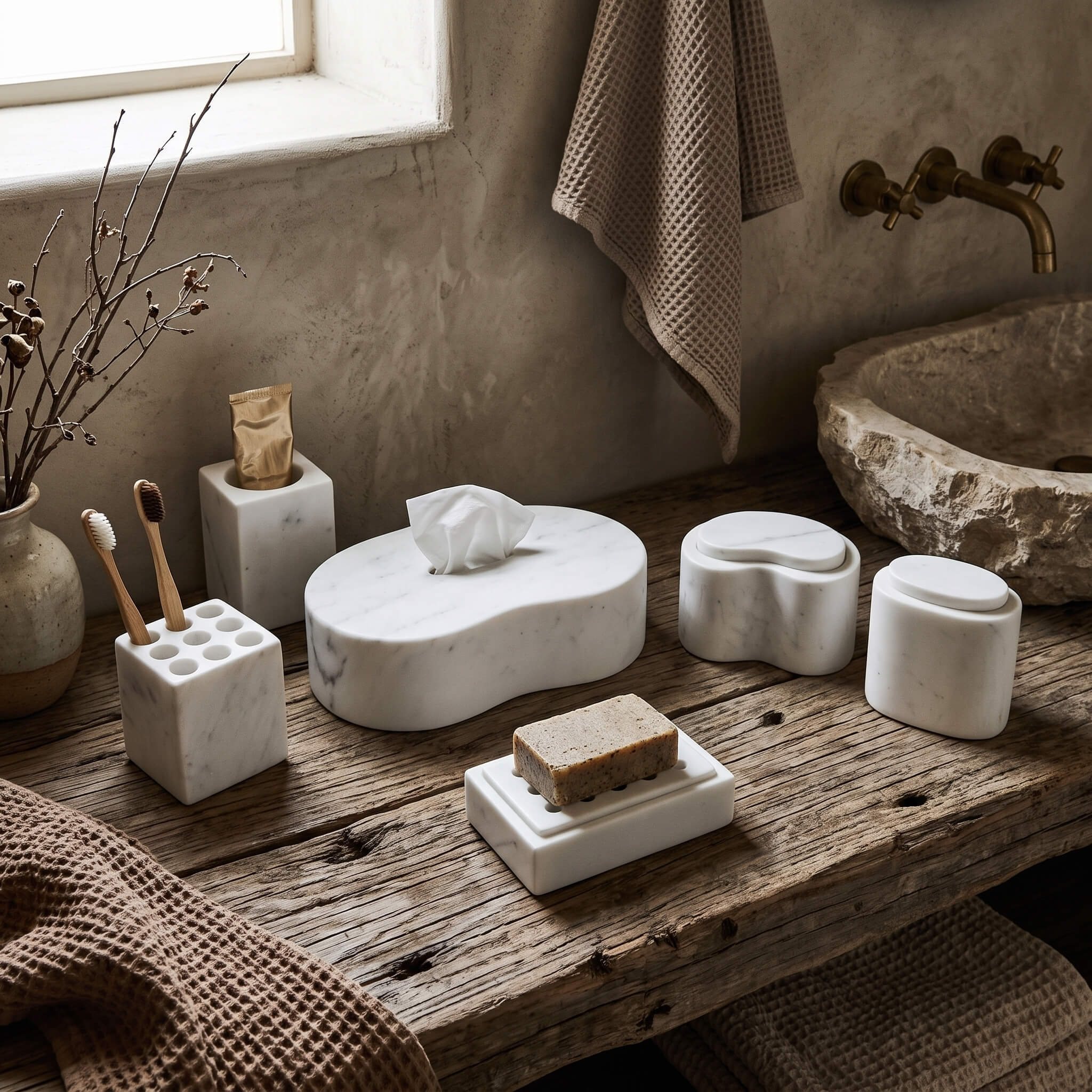 Snow Mountain White marble Square Style set on a rustic weathered wood vanity beside a carved rough stone basin and tap.