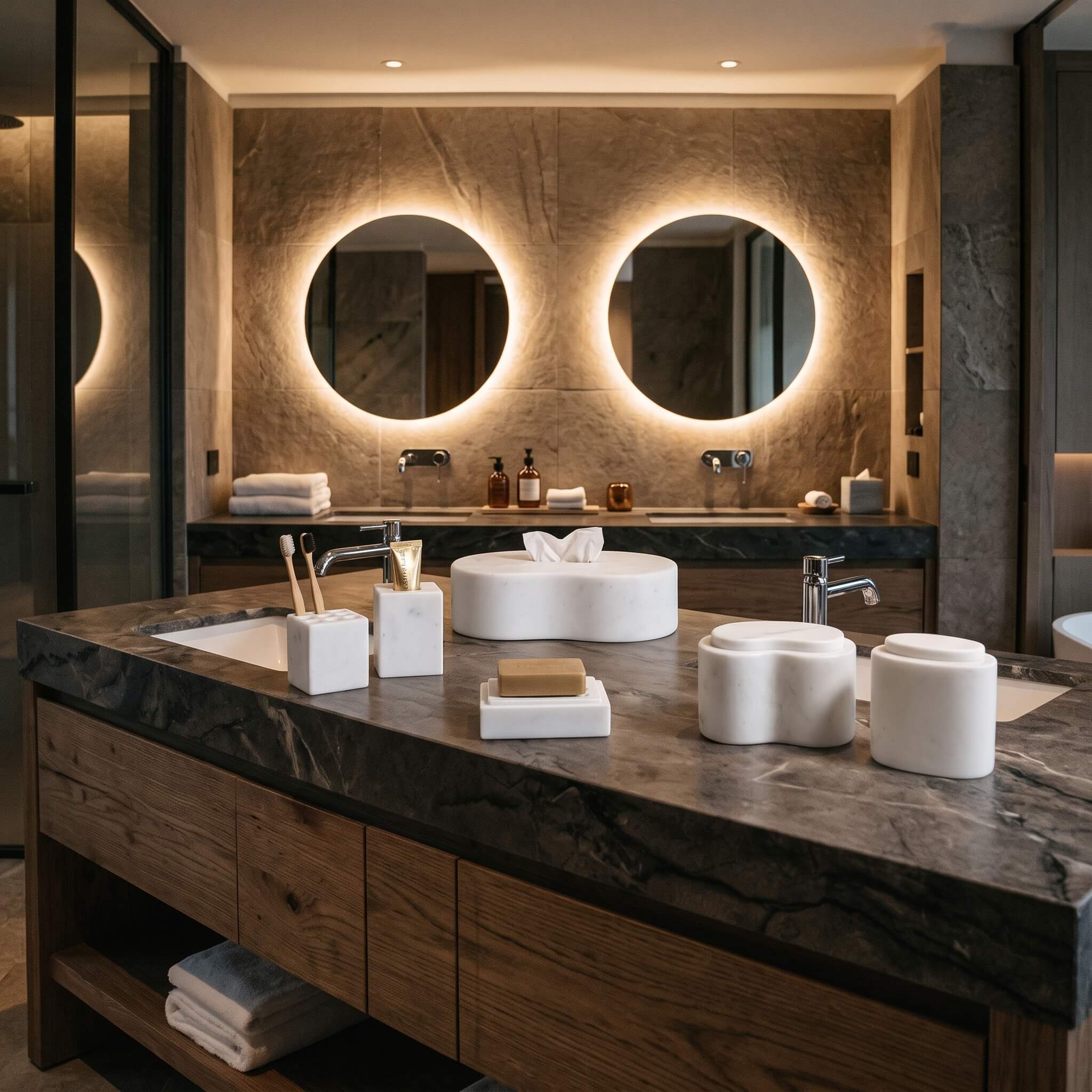 Snow Mountain White marble Square Style bath accessories on a dark stone double vanity with warm backlit circular mirrors.