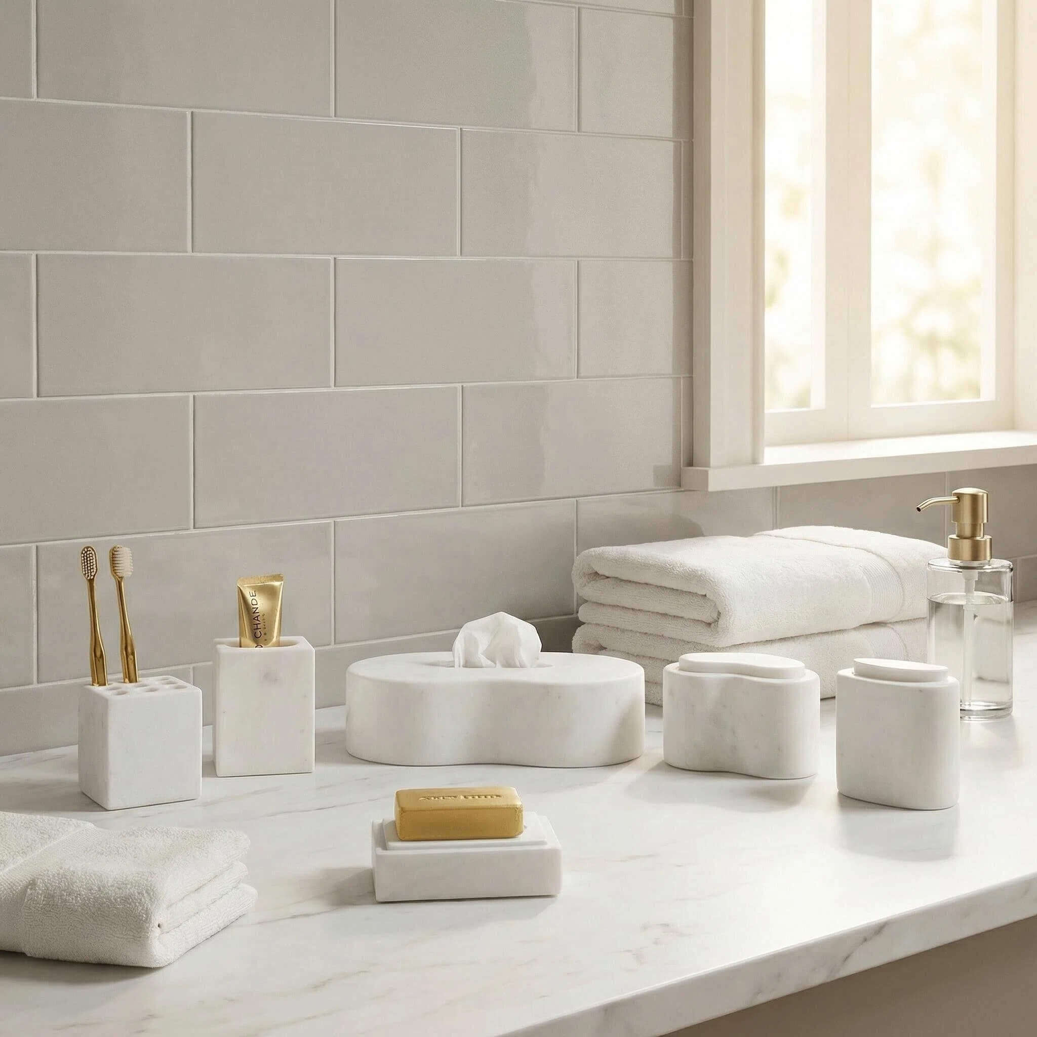 Snow Mountain White marble Square Style set on a white marble vanity with glossy subway tiles and clear brass soap pump.