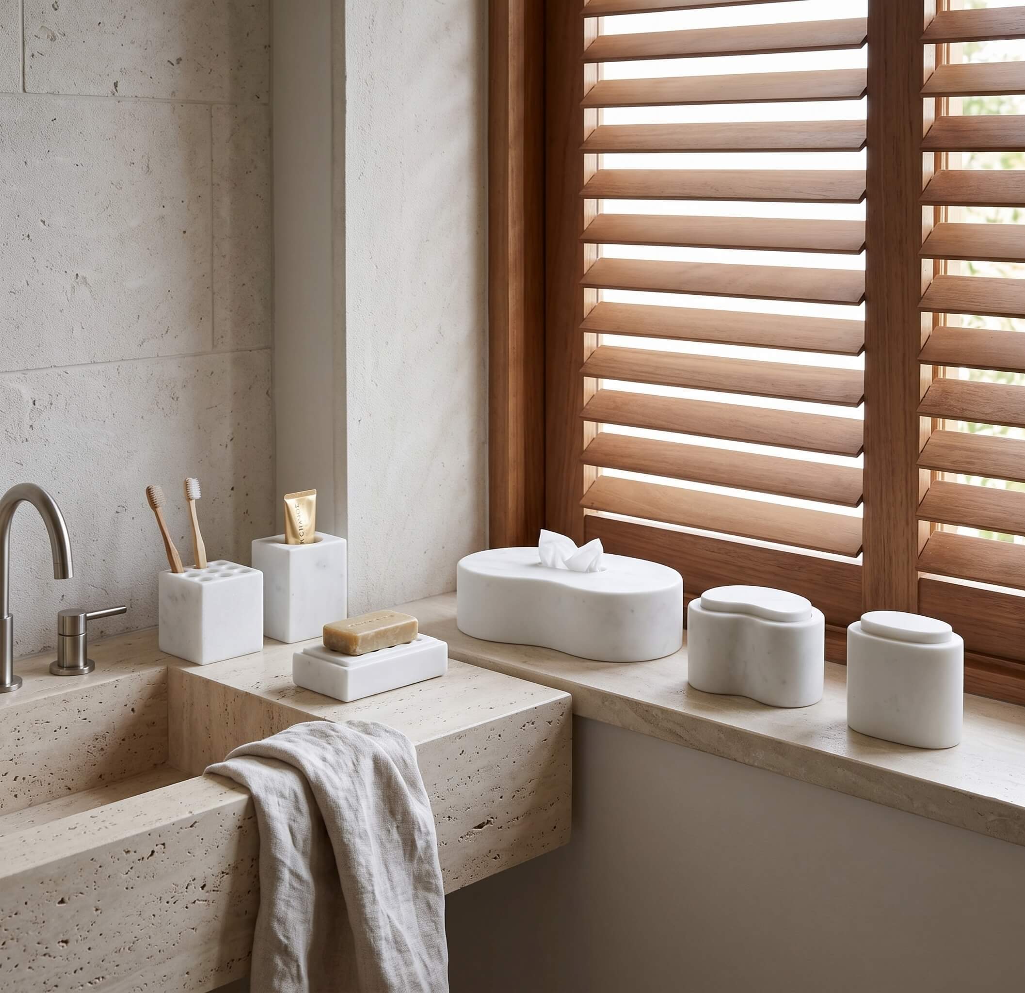 Snow Mountain White marble Square Style set arranged along a travertine trough sink ledge with wooden window shutters.