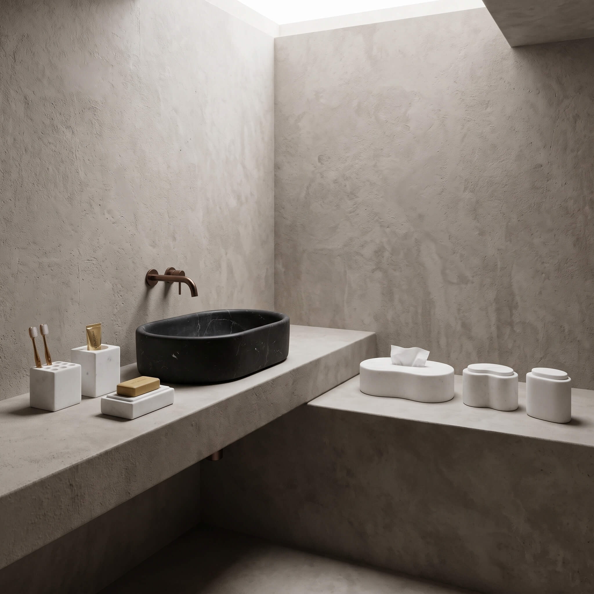 Snow Mountain White marble Square Style vanity set arranged on stepped concrete surfaces in a wabi-sabi microcement bath.