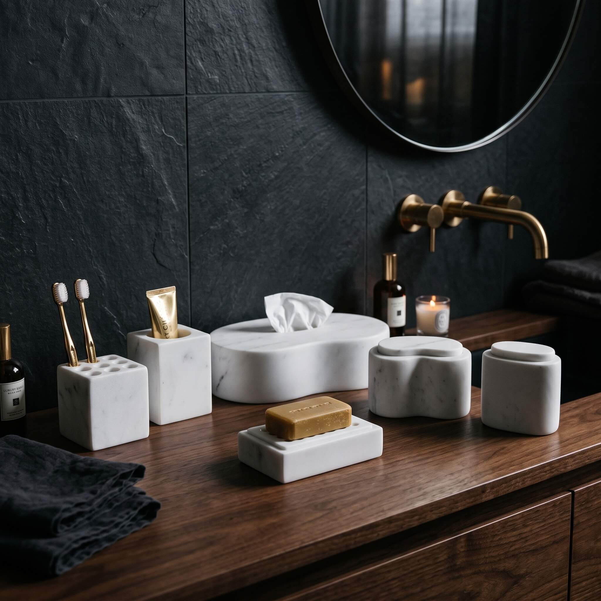 Snow Mountain White marble Square Style set styled on a walnut vanity top against charcoal slate walls and brass taps.