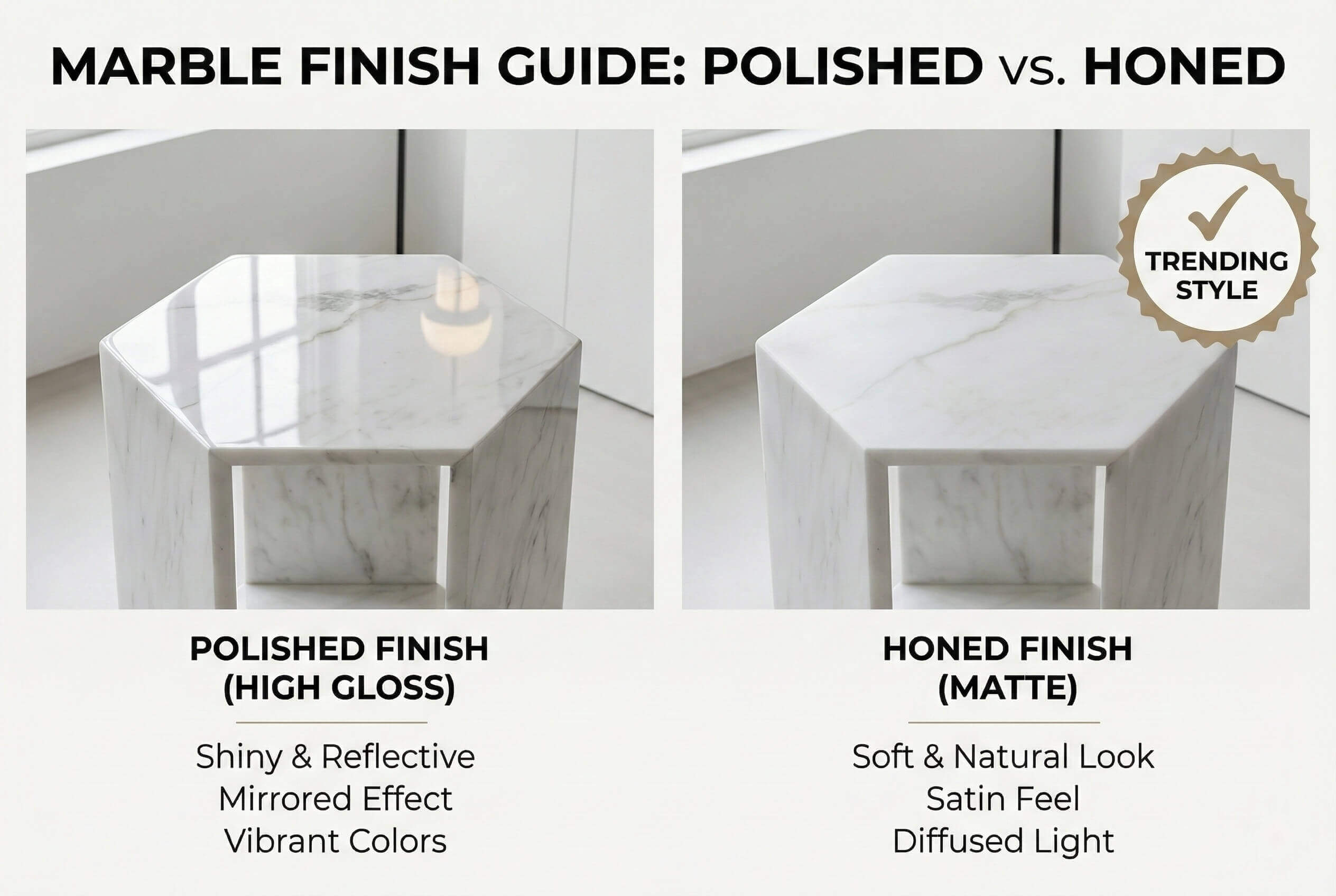 Finish comparison showing the matte honed surface of the Snow Mountain White marble hexagon table versus a polished version.