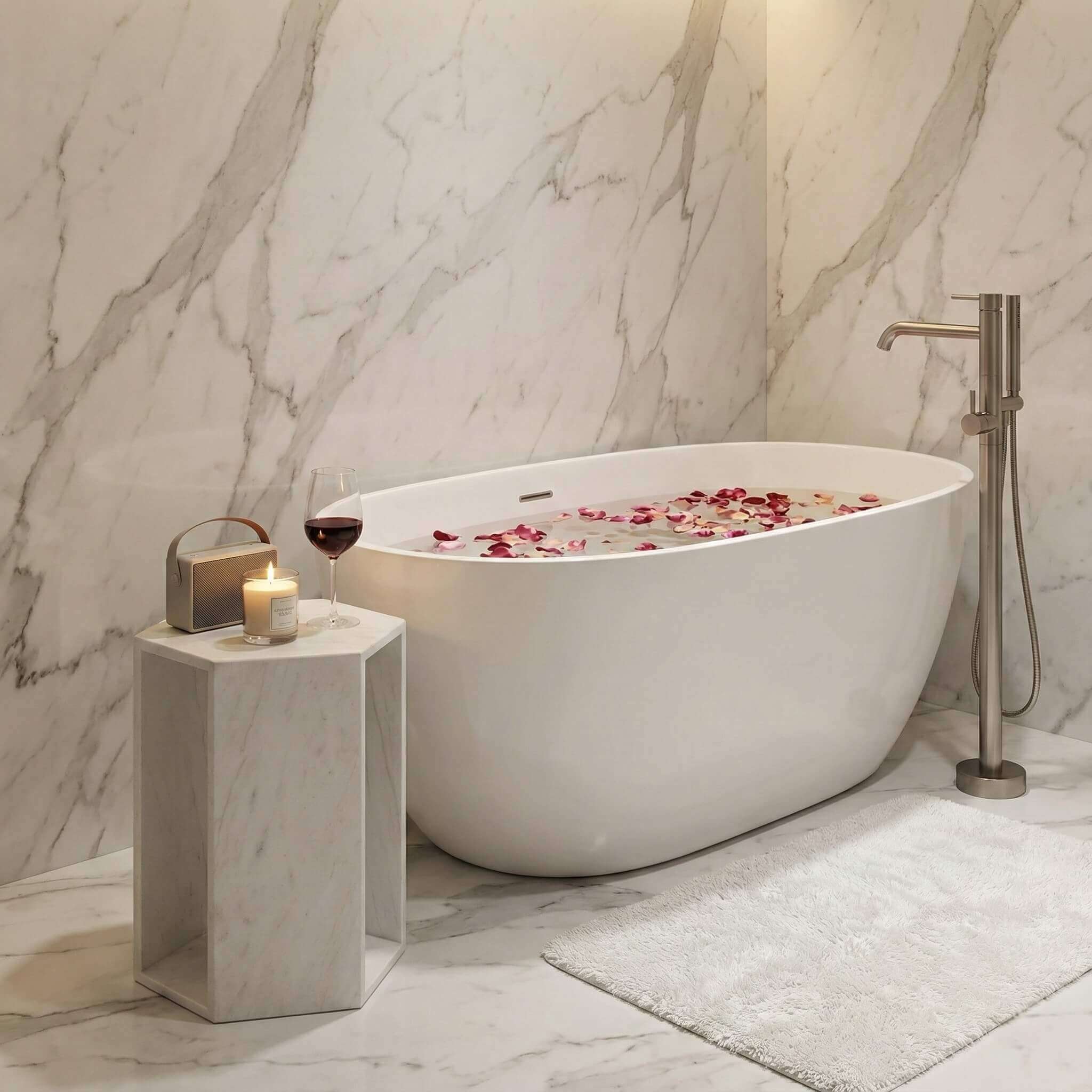 Snow Mountain White marble hexagon drink table holding wine and a candle beside a modern freestanding tub in a bathroom.