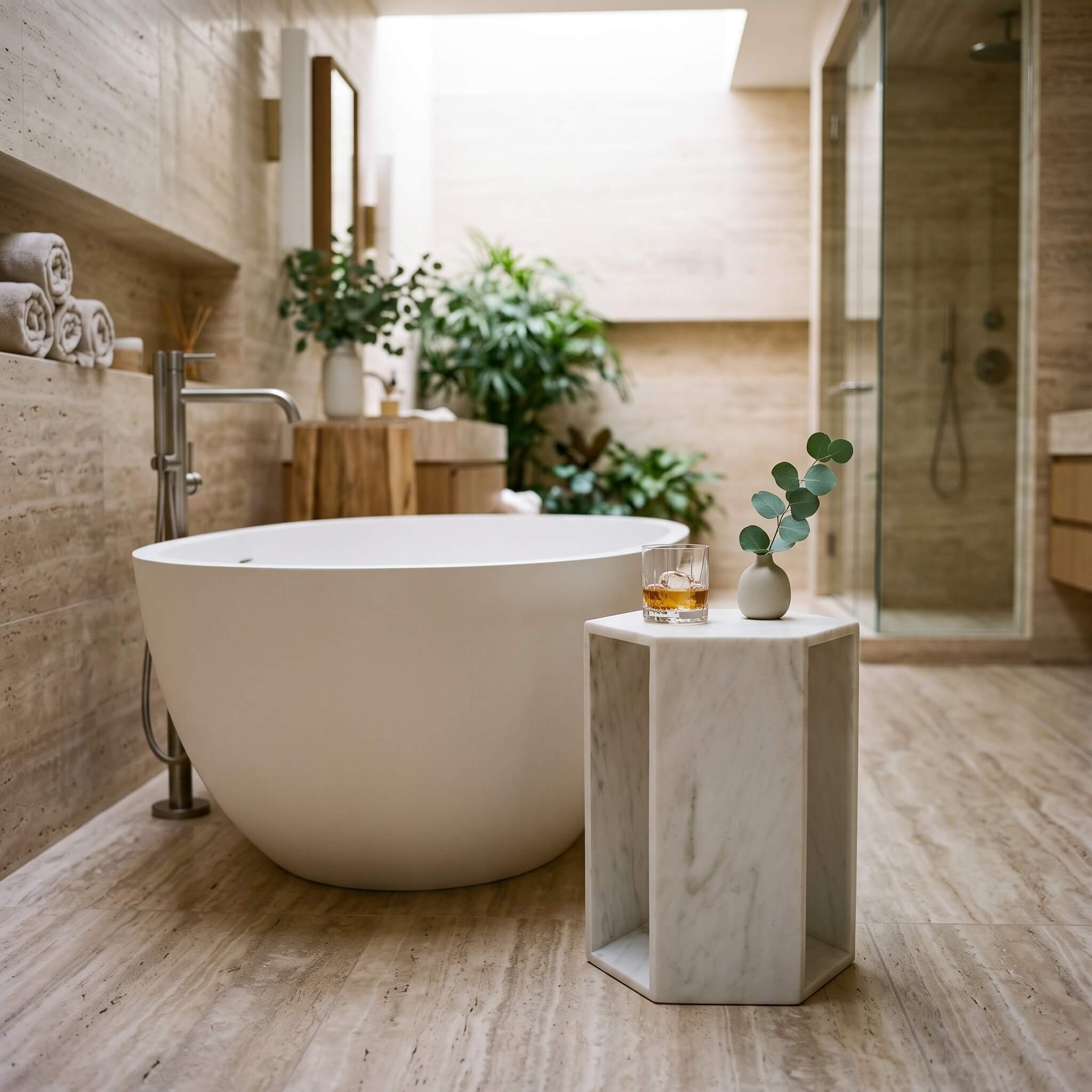 Snow Mountain White marble hexagon drink table styled beside a freestanding modern bathtub in a luxury neutral bathroom.