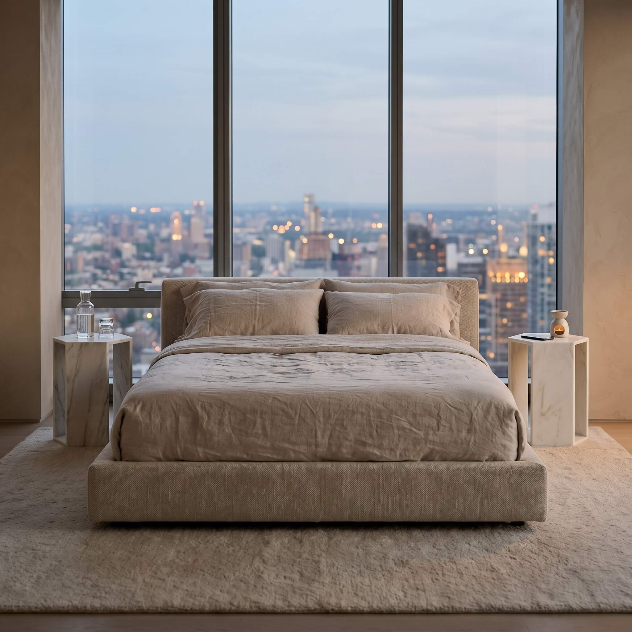 Twin honed Snow Mountain White marble hexagon side tables serving as modern low nightstands in a luxury city view bedroom.