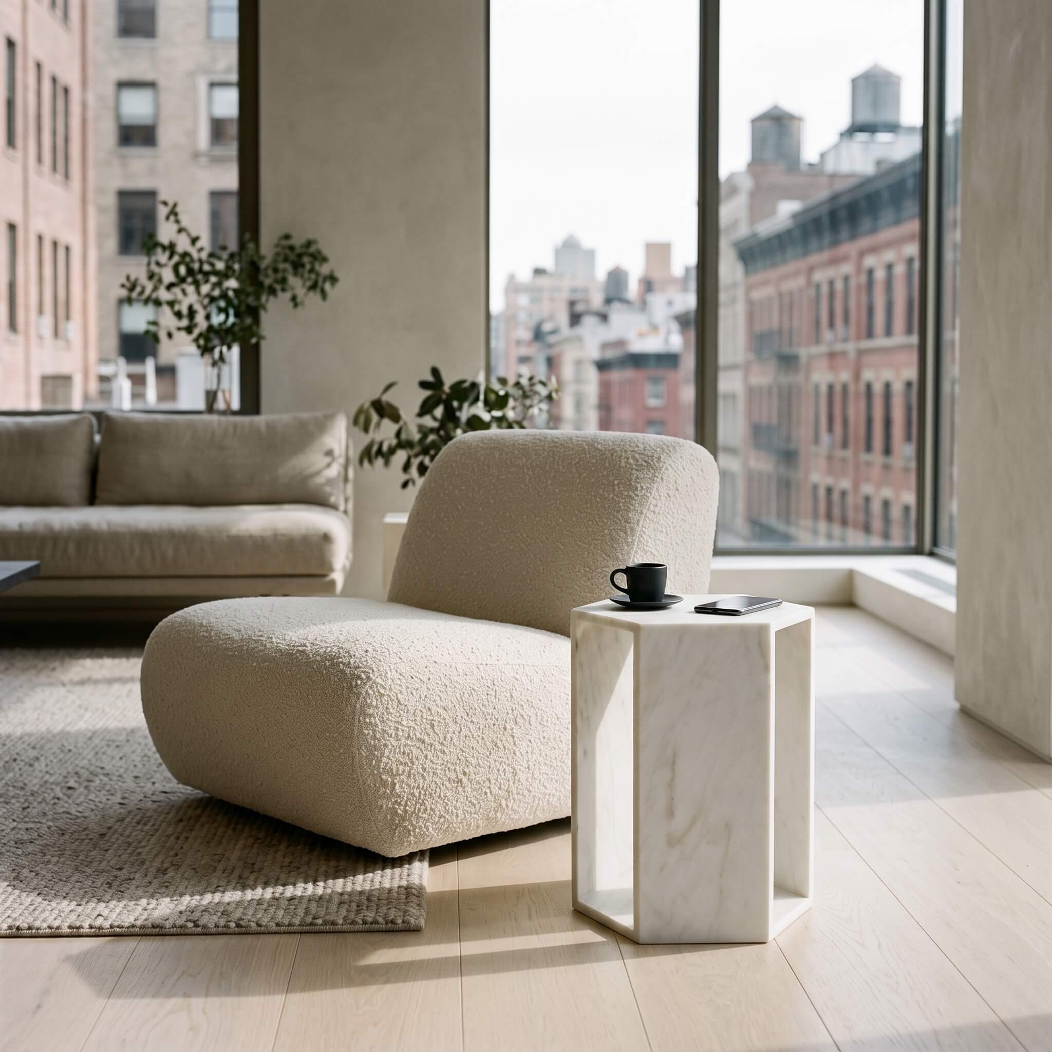Honed Snow Mountain White marble hexagon end table in a bright living room, placed beside a modern boucle lounge chair.