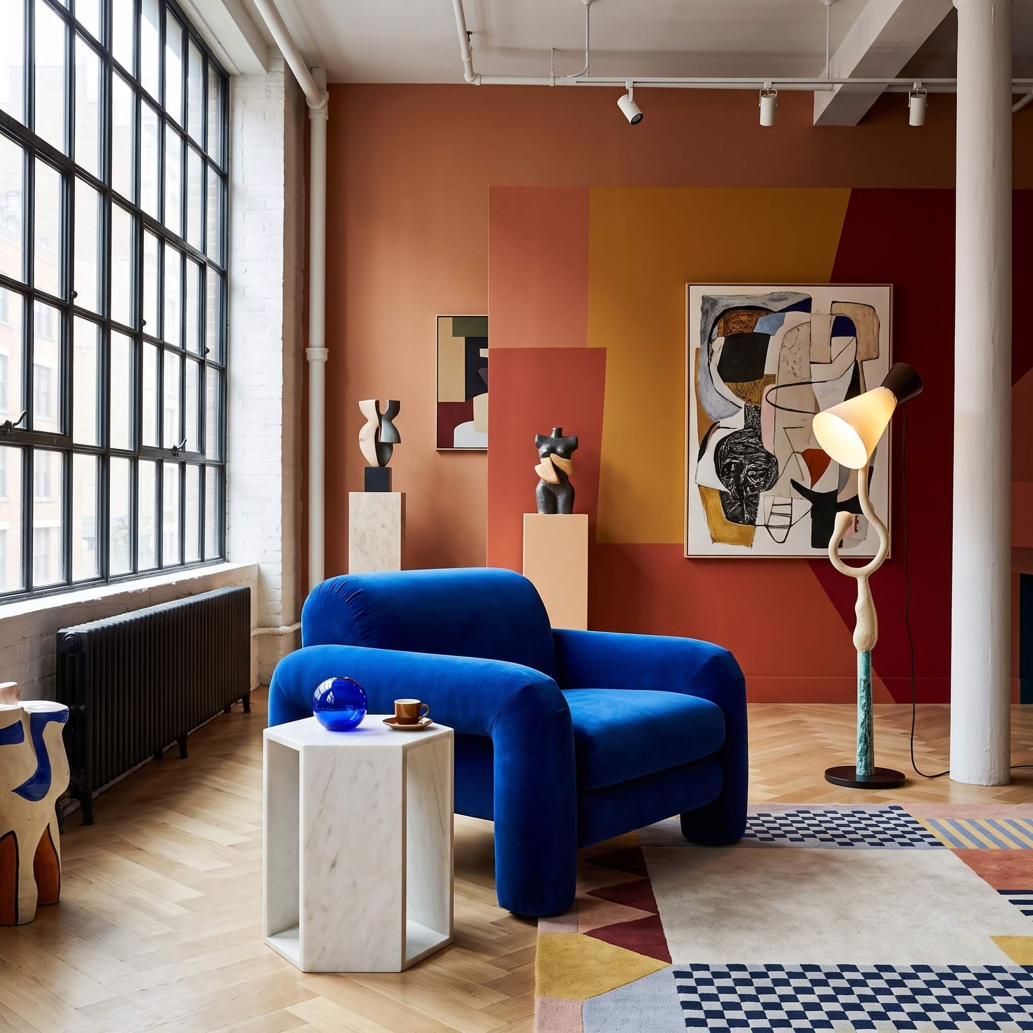 A modern honed Snow Mountain White marble hexagon end table styled next to a bold blue velvet chair in an eclectic room.