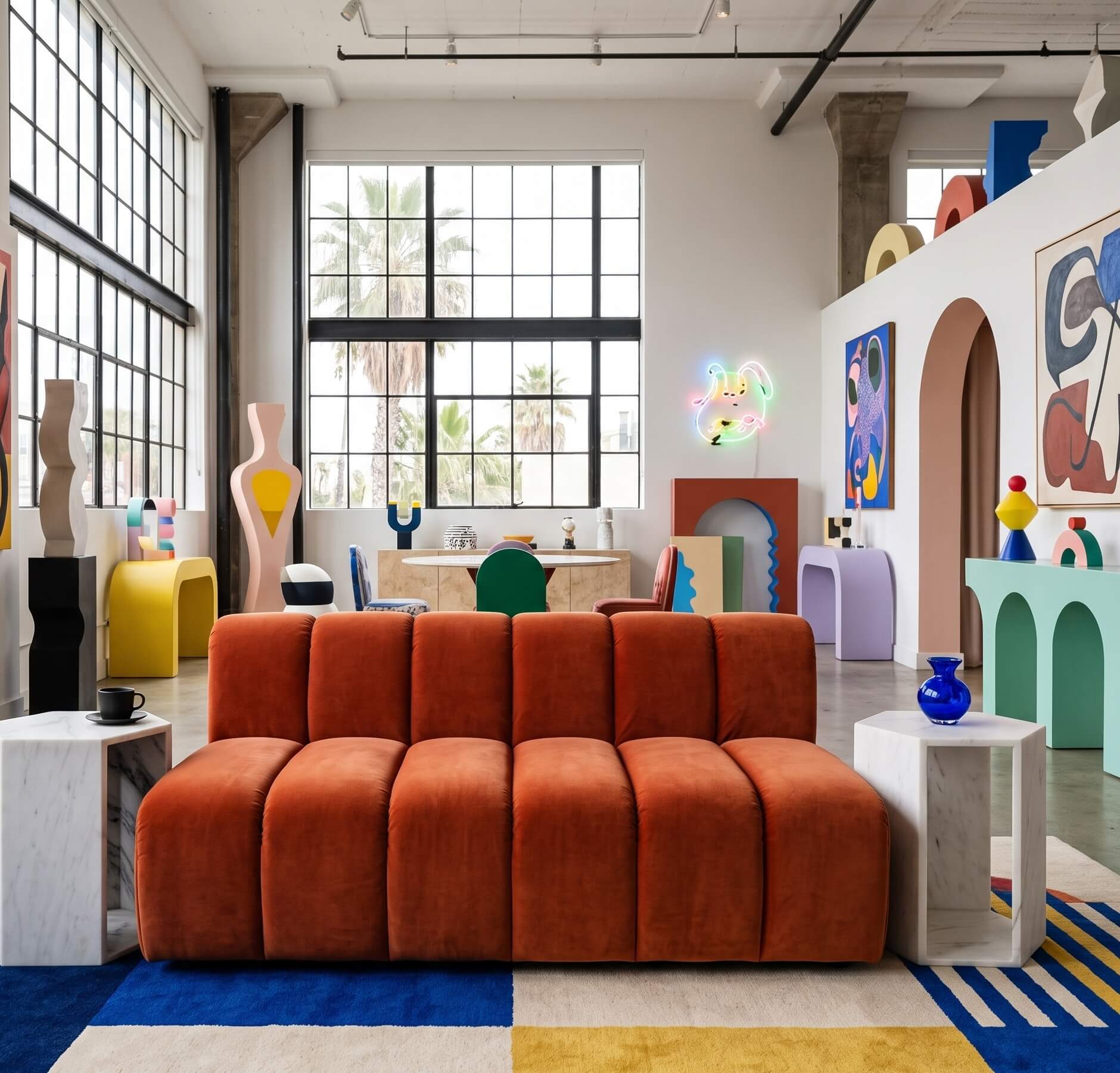 Two honed Snow Mountain White marble hexagon side tables flank an orange velvet sofa in a colorful eclectic living room.