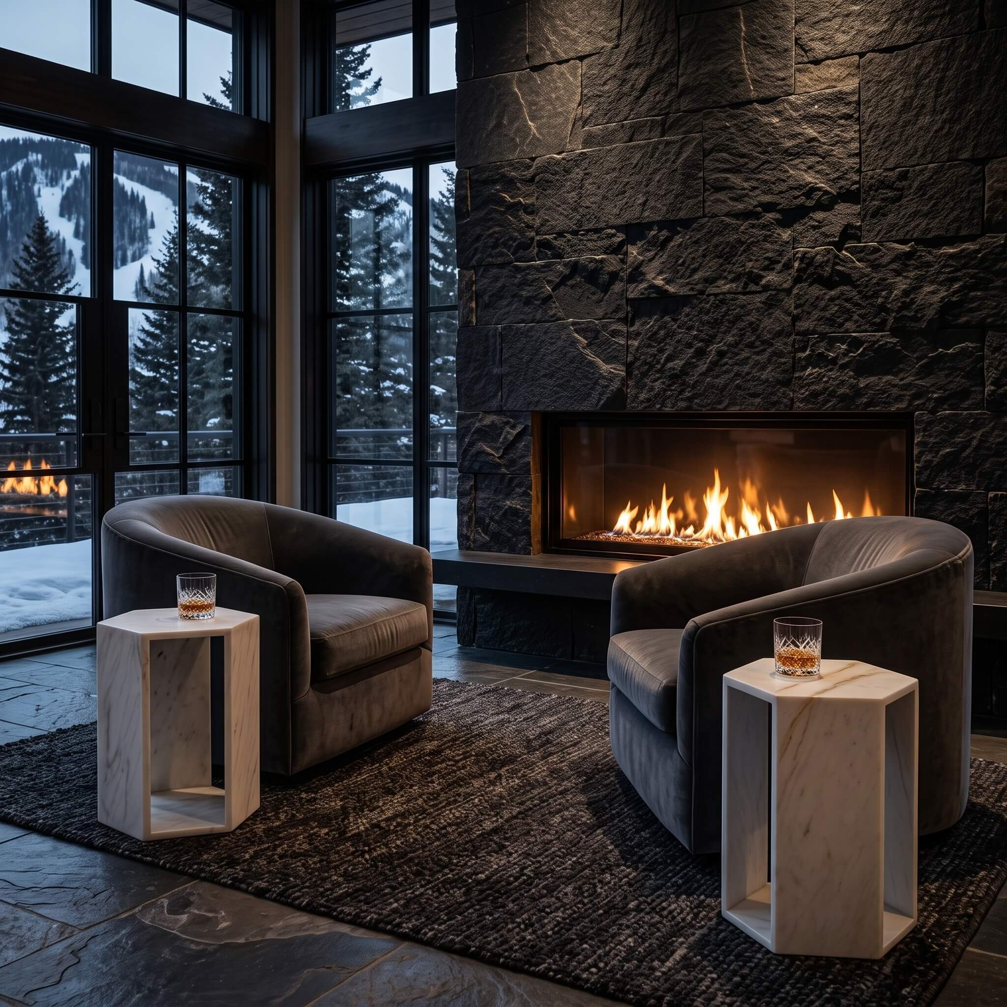 Honed Snow Mountain White marble hexagon drink table in a dark luxury fireplace lounge beside a velvet chair and whiskey.