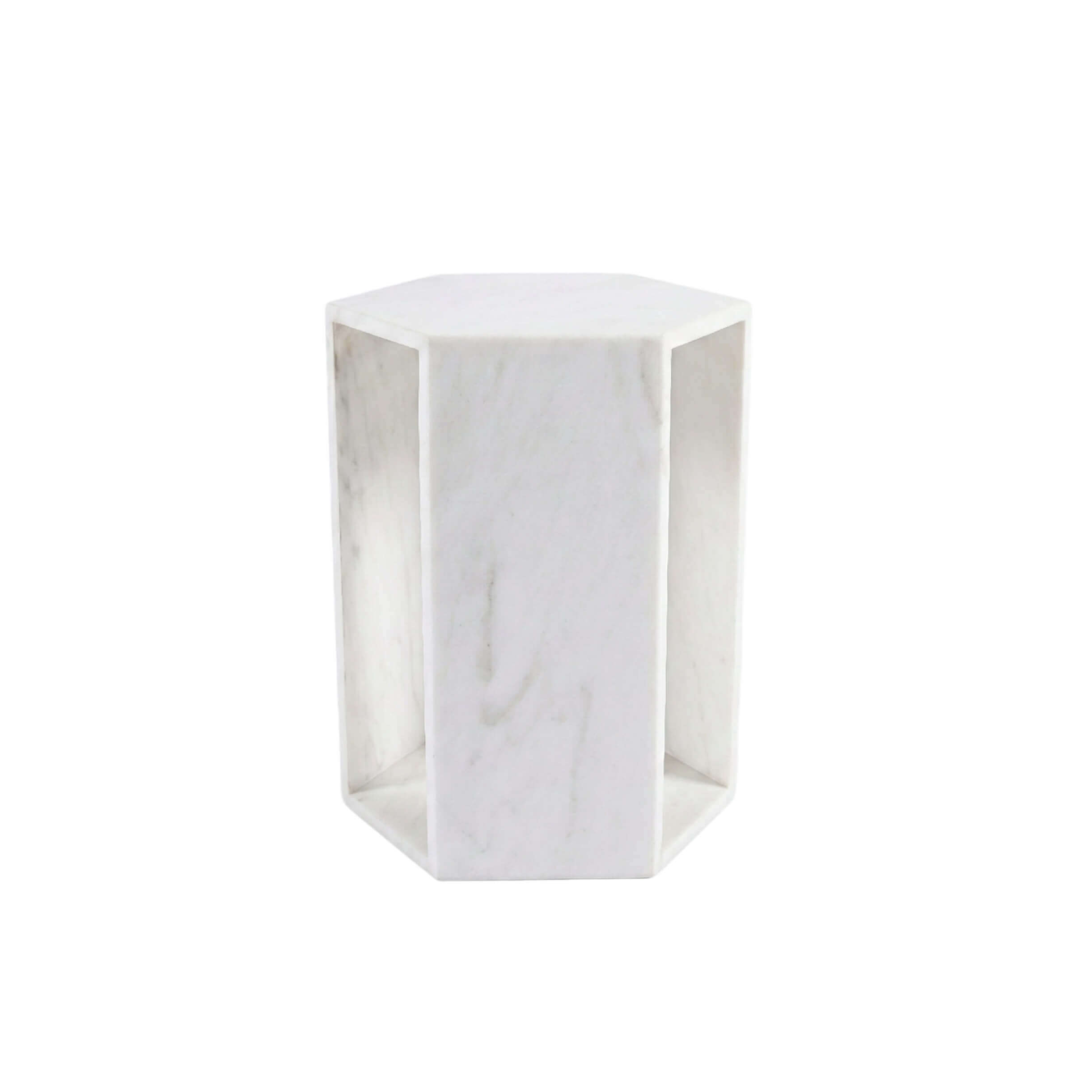 Snow Mountain White Natural Marble Hexagon Side Table – Honed Matte Geometric Drink Table & Pedestal