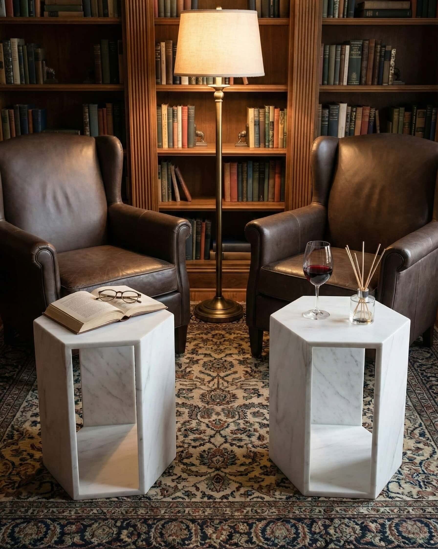 Two honed Snow Mountain White marble hexagon side tables styled in a classic library with leather chairs and wine glasses.
