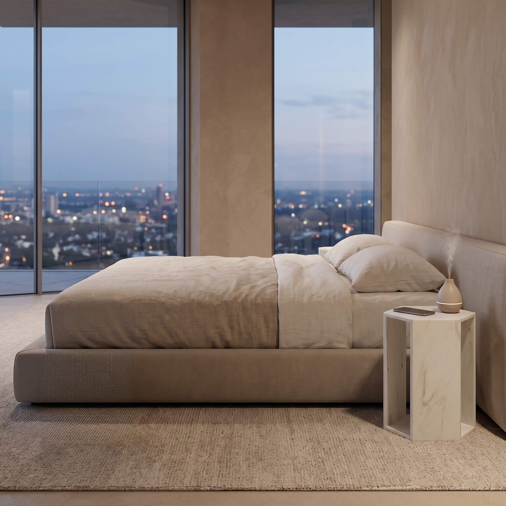 Snow Mountain White marble hexagon table functioning as a minimalist modern bedroom nightstand beside a low platform bed.