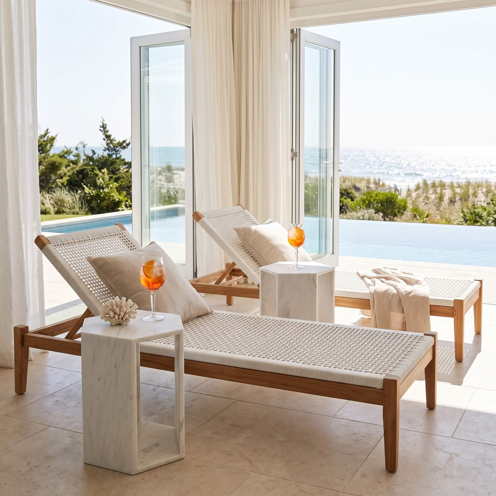 Honed Snow Mountain White marble hexagon drink tables positioned between woven lounge chairs in a bright indoor sunroom.