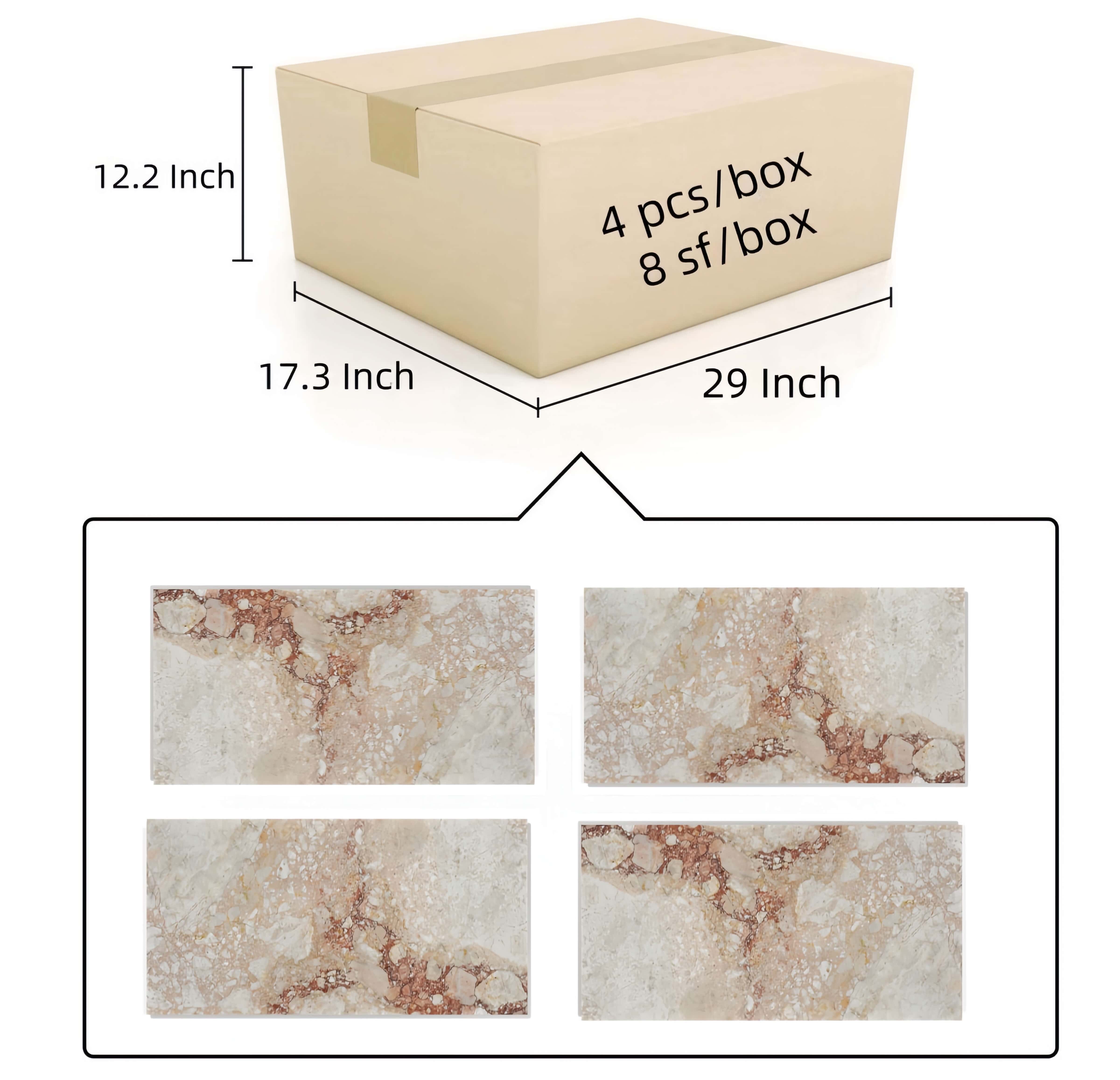 Shipping box diagram for 12x24 Diamond Pink natural stone tile packed 4 pieces or 8 sq ft per 29x17.3x12.2 inch box.