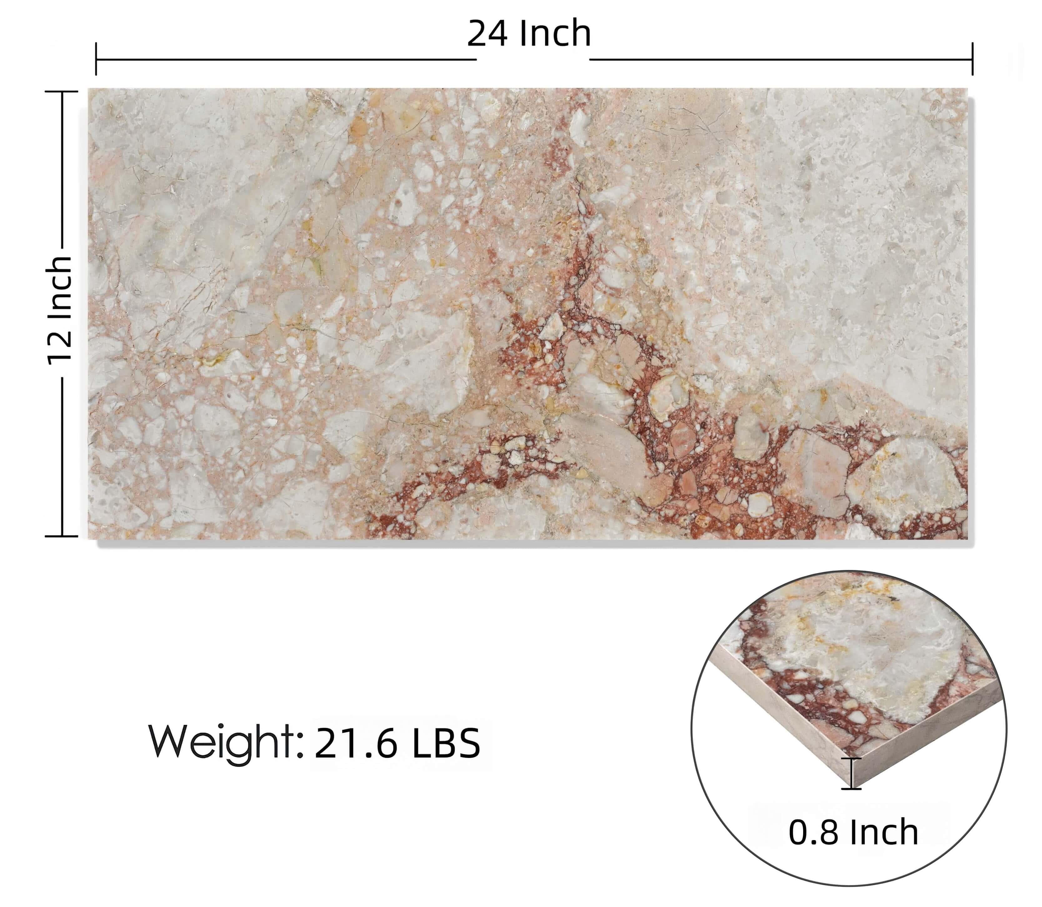 12x24 Diamond Pink real marble tile dimension diagram showing 0.8-inch thick stone tiles and 21.6 lbs solid weight.
