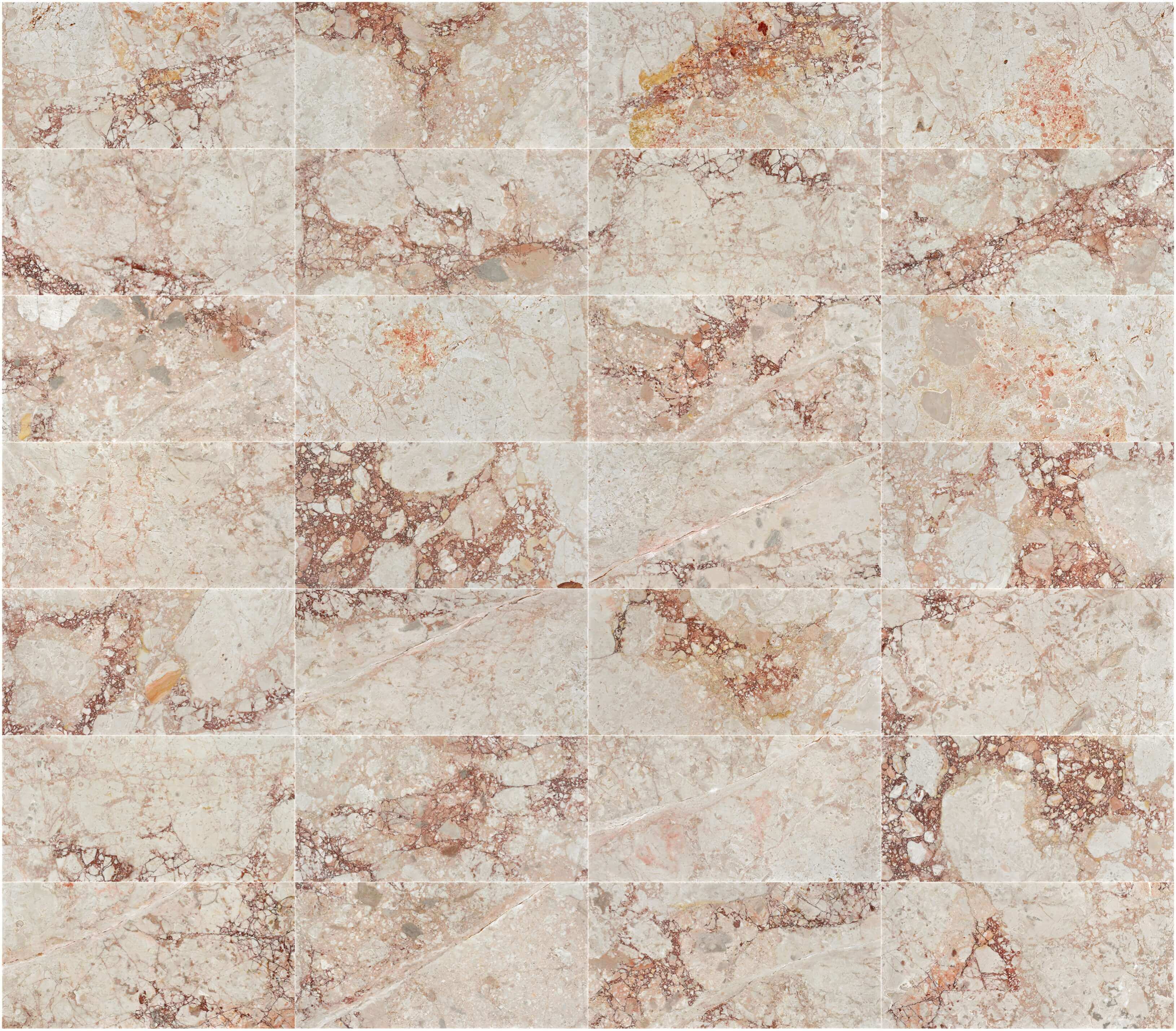 Multi-tile grid layout of 12x24 Diamond Pink breccia marble stone tiles for walls and luxury marble floor tile design.
