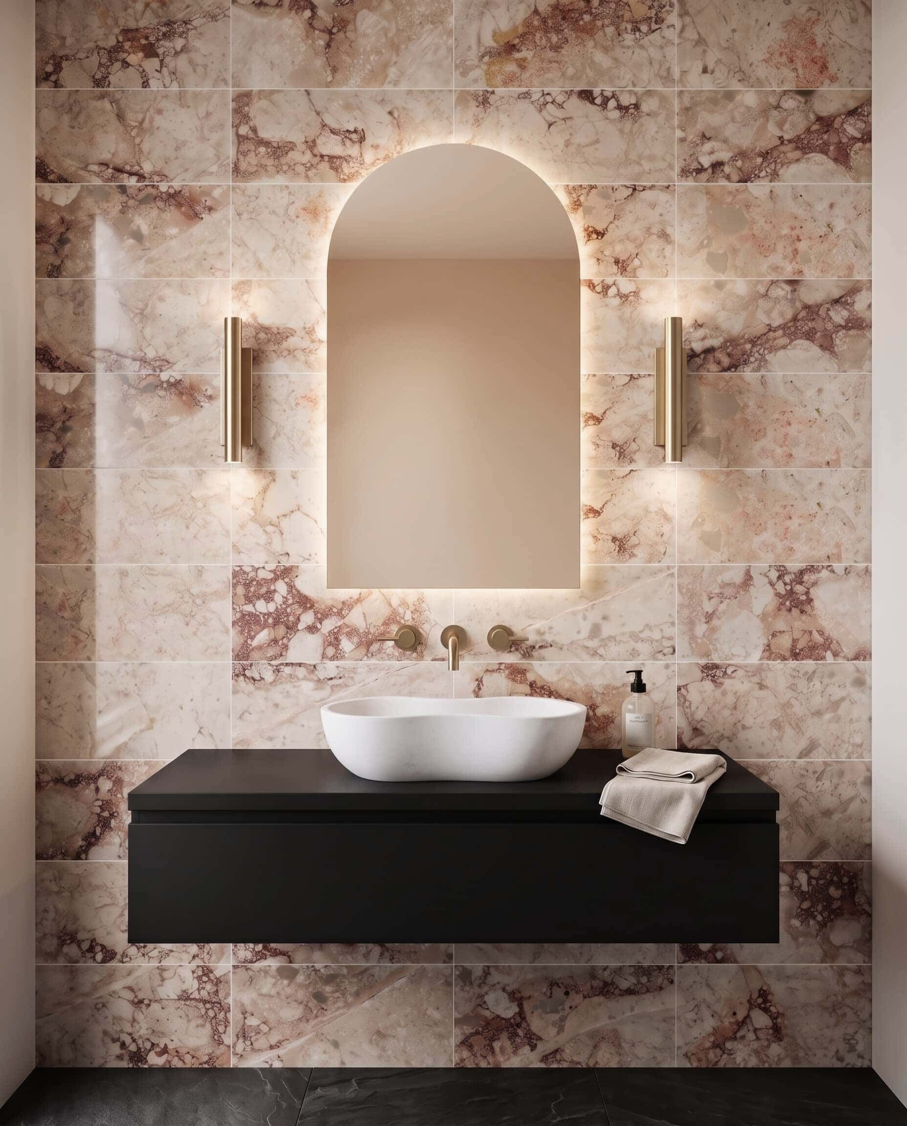 Polished 12x24 Diamond Pink marble tile for bathroom walls paired with a Snow Mountain White honed Wave vessel sink.