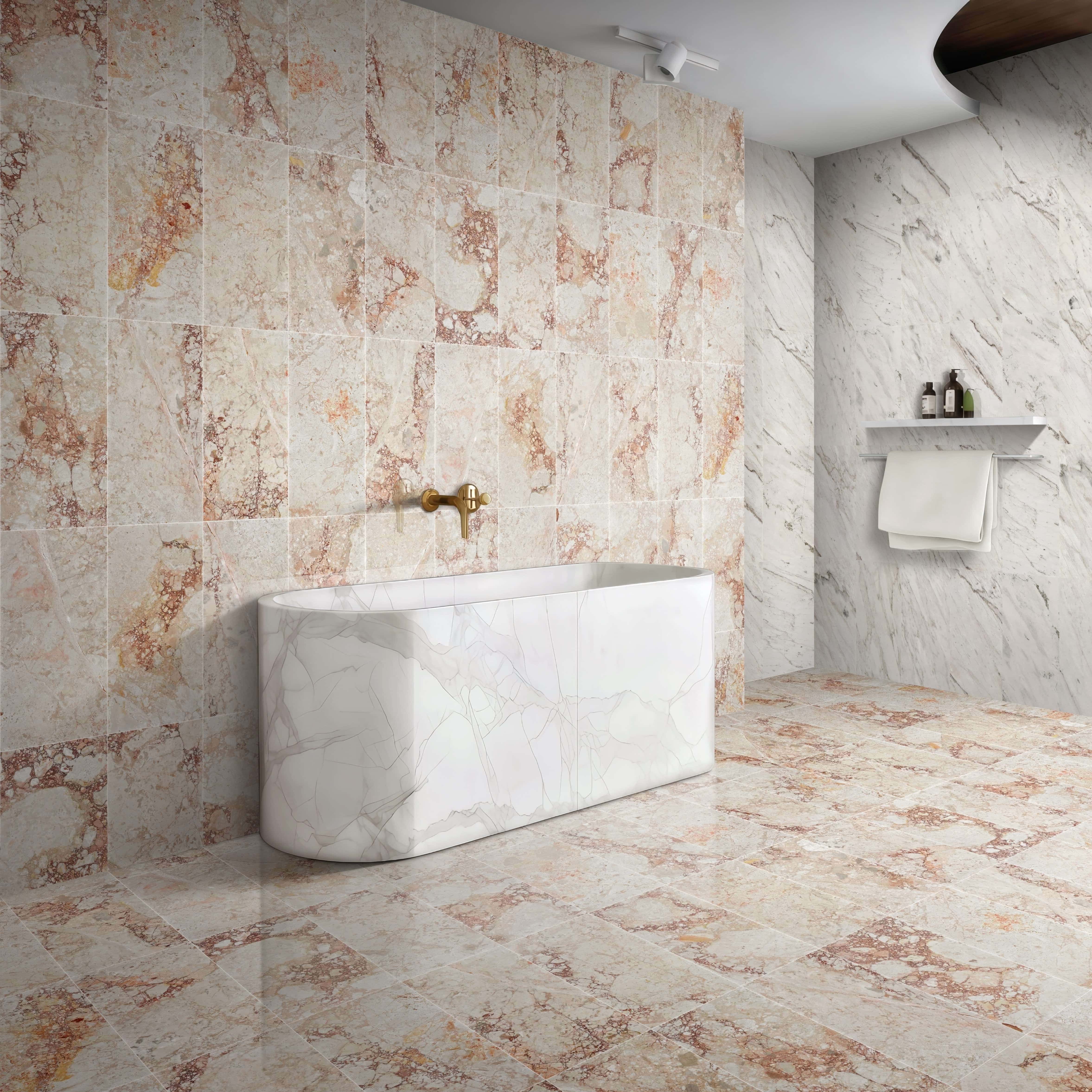 Polished 12x24 Diamond Pink bath wall and stone floor tiles paired with 12x24 Snow Mountain White polished marble walls.