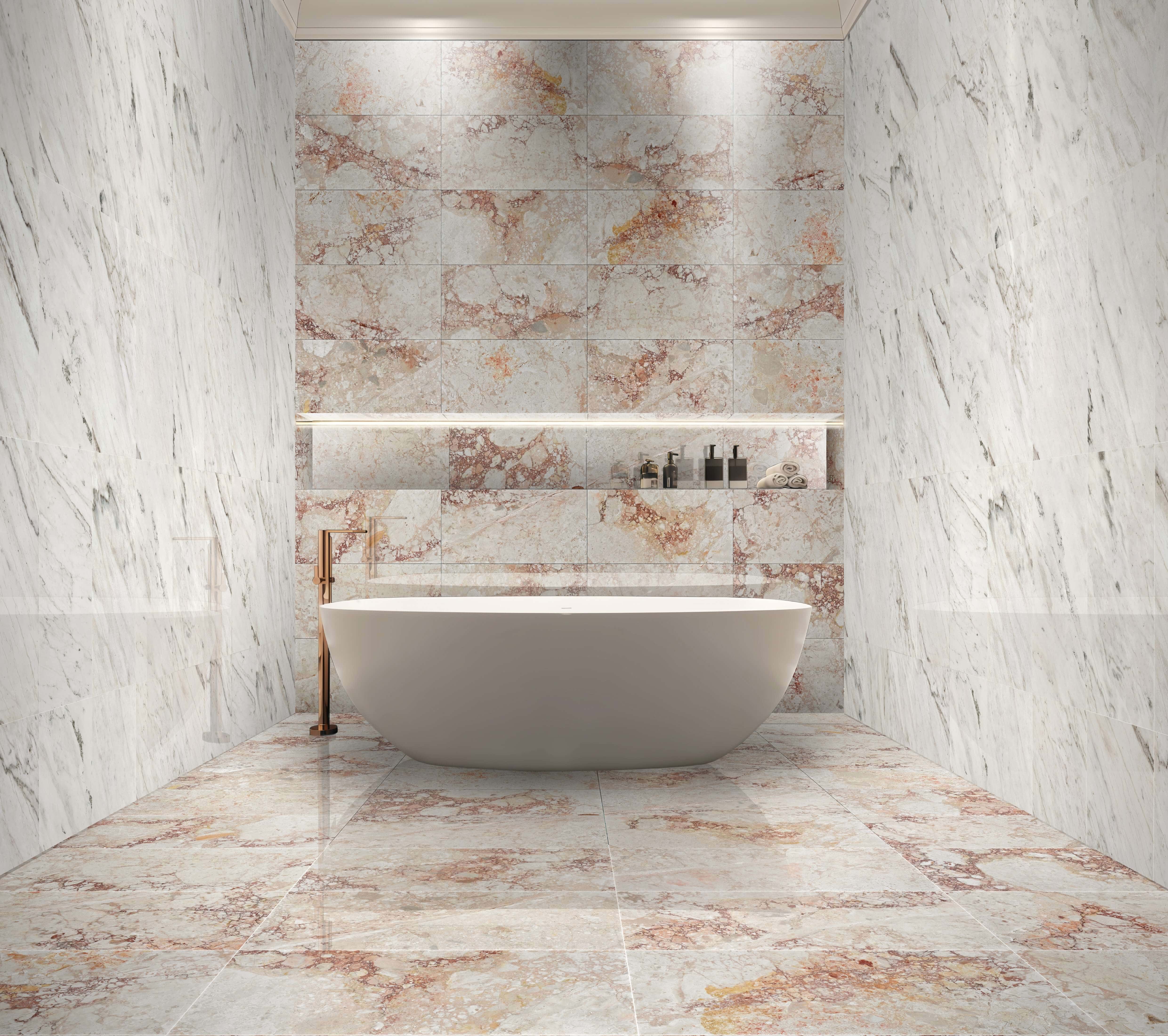 12x24 Diamond Pink polished marble floor tile and center wall paired with 12x24 Snow Mountain White polished side walls.