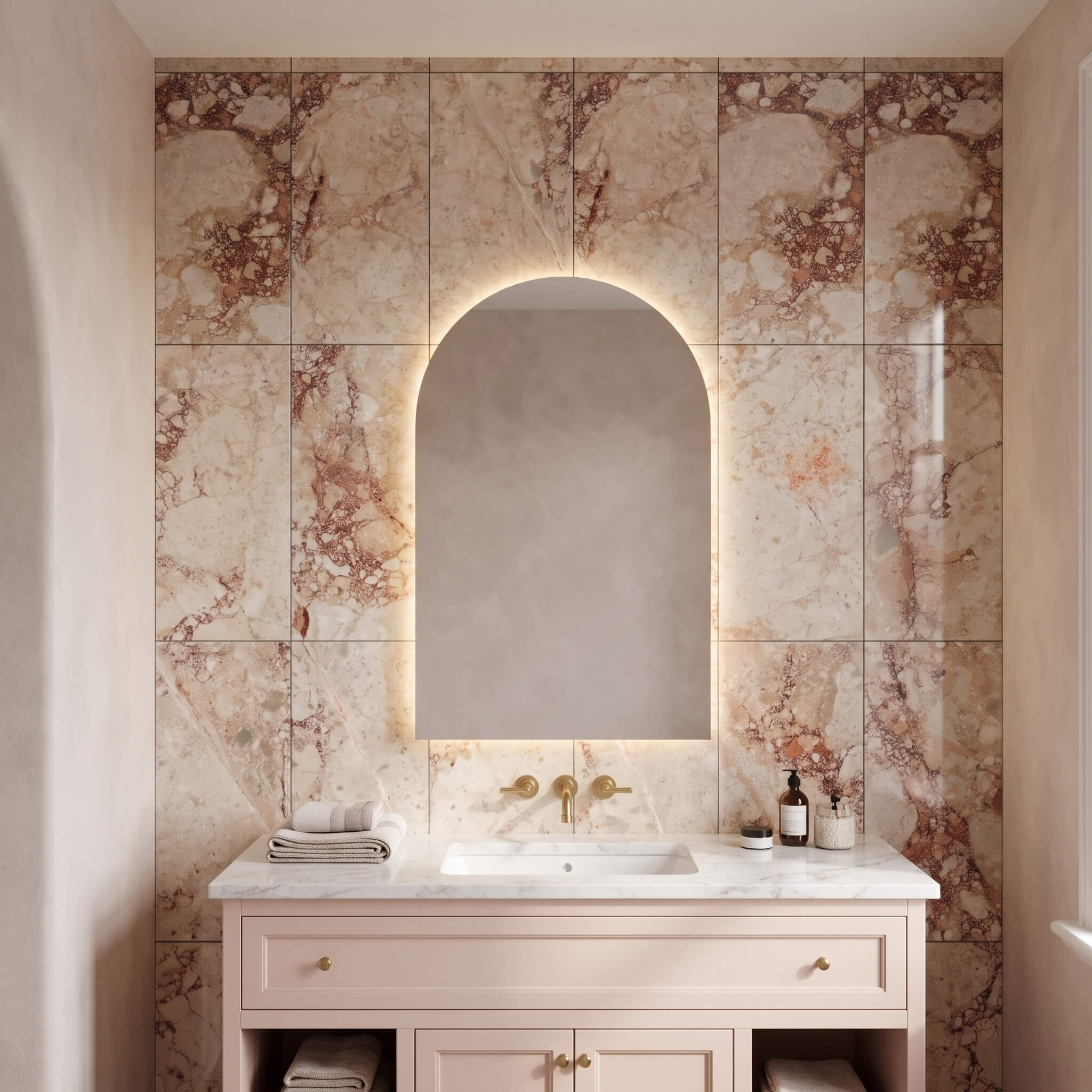 Vertical 12x24 Diamond Pink marble tile for bathroom walls with a backlit arched mirror and brass wall-mount faucet.