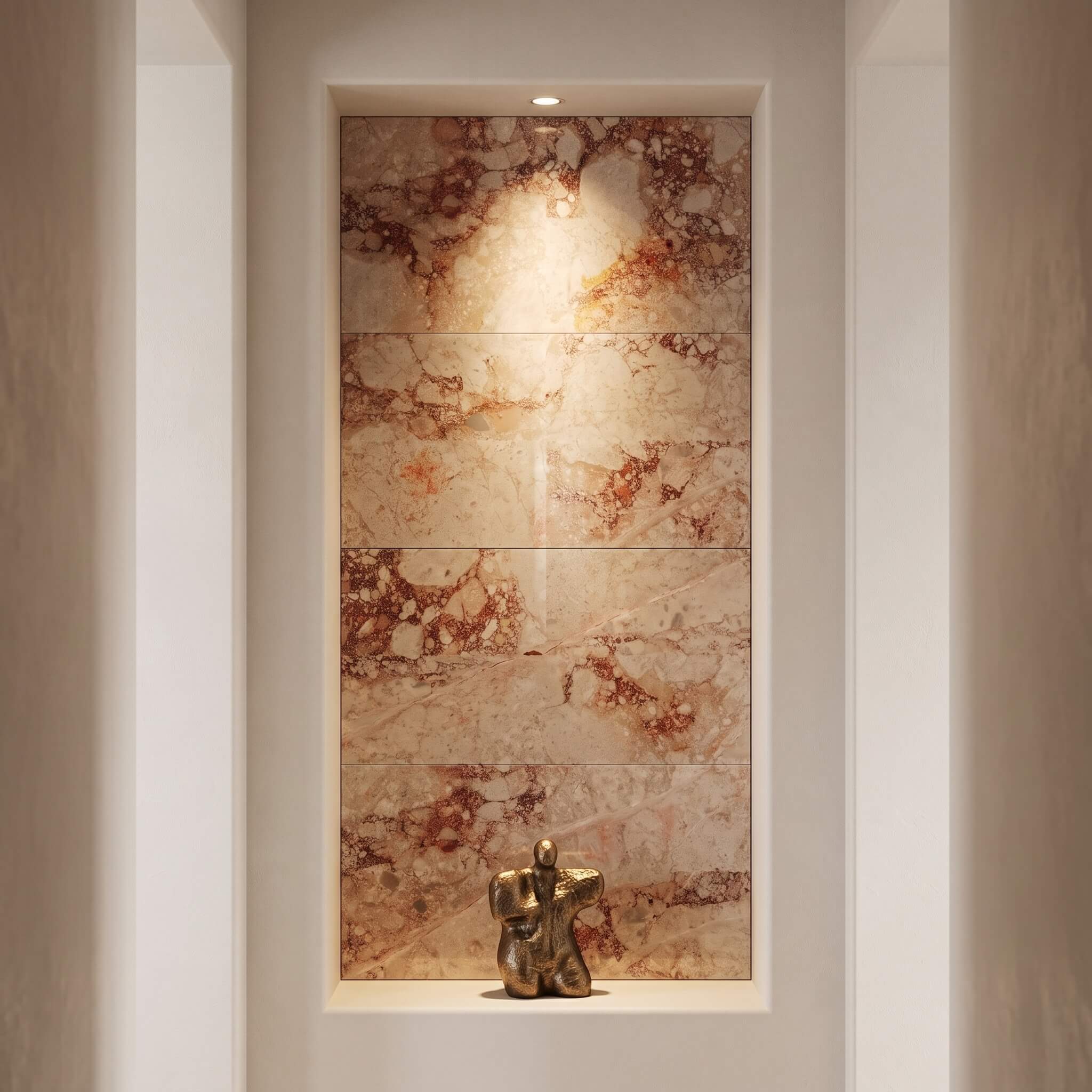 12x24 Diamond Pink breccia rose marble used as natural stone for walls inside a lit architectural sculpture niche.