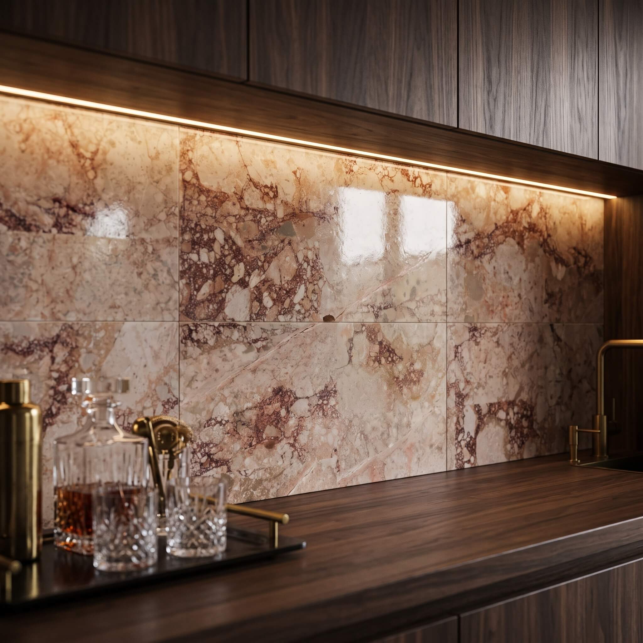 12x24 Diamond Pink polished breccia stone backsplash tile under warm LED lighting with dark walnut bar cabinetry.