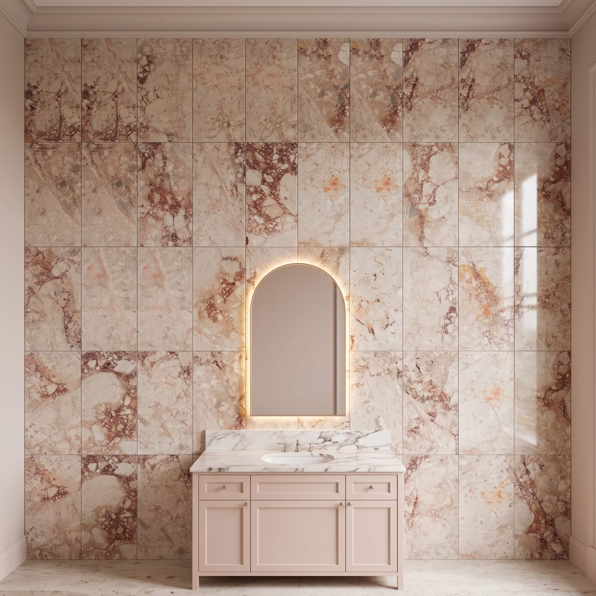 12x24 Diamond Pink natural stone tiles for bathroom walls behind a blush vanity and backlit arched mirror in a bath.